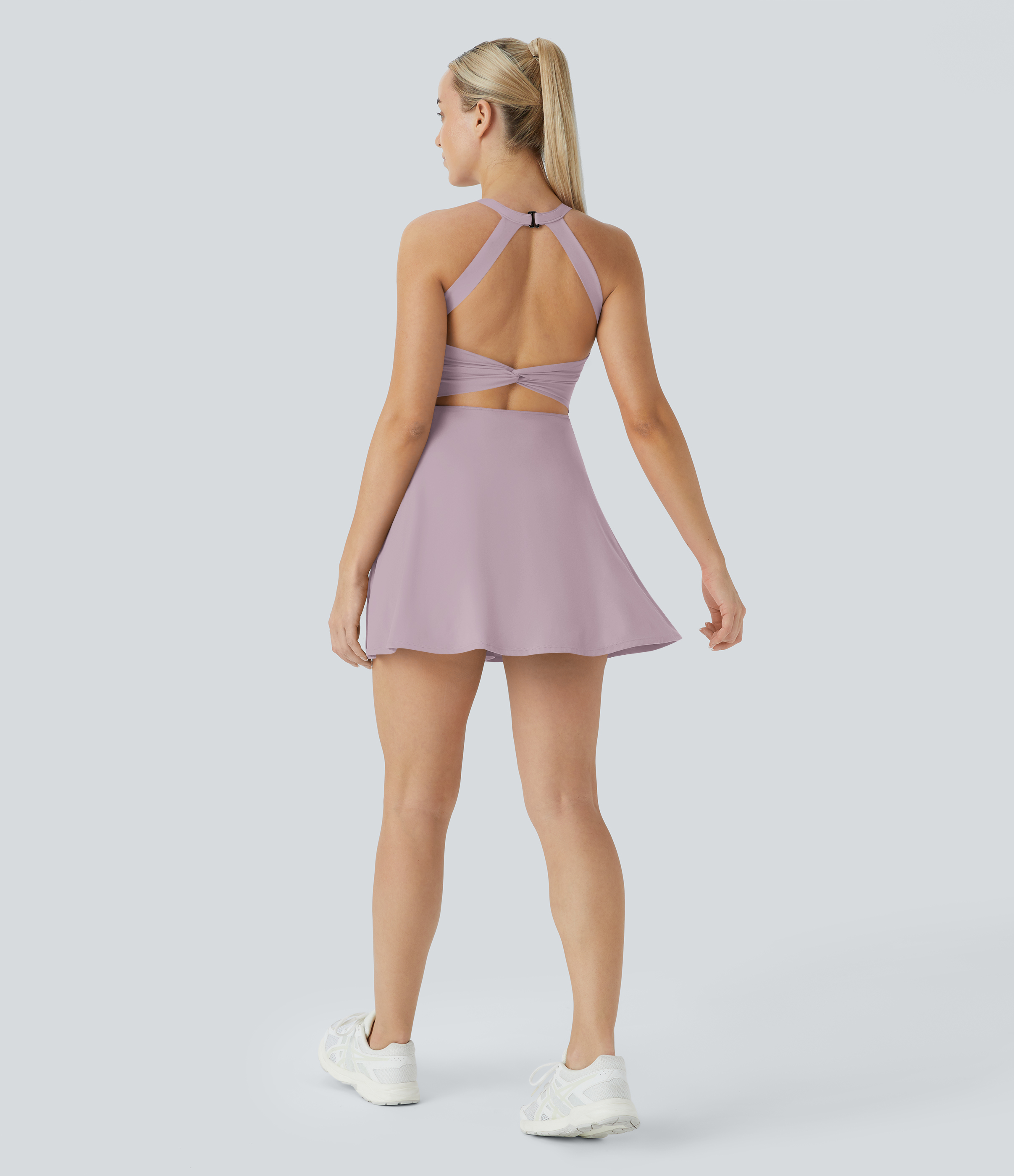 Halara Backless Cut Out Twisted Side Pocket 2-in-1 Exercise Dress-Easy Peezy Workout Dress - Pink Purple - S 