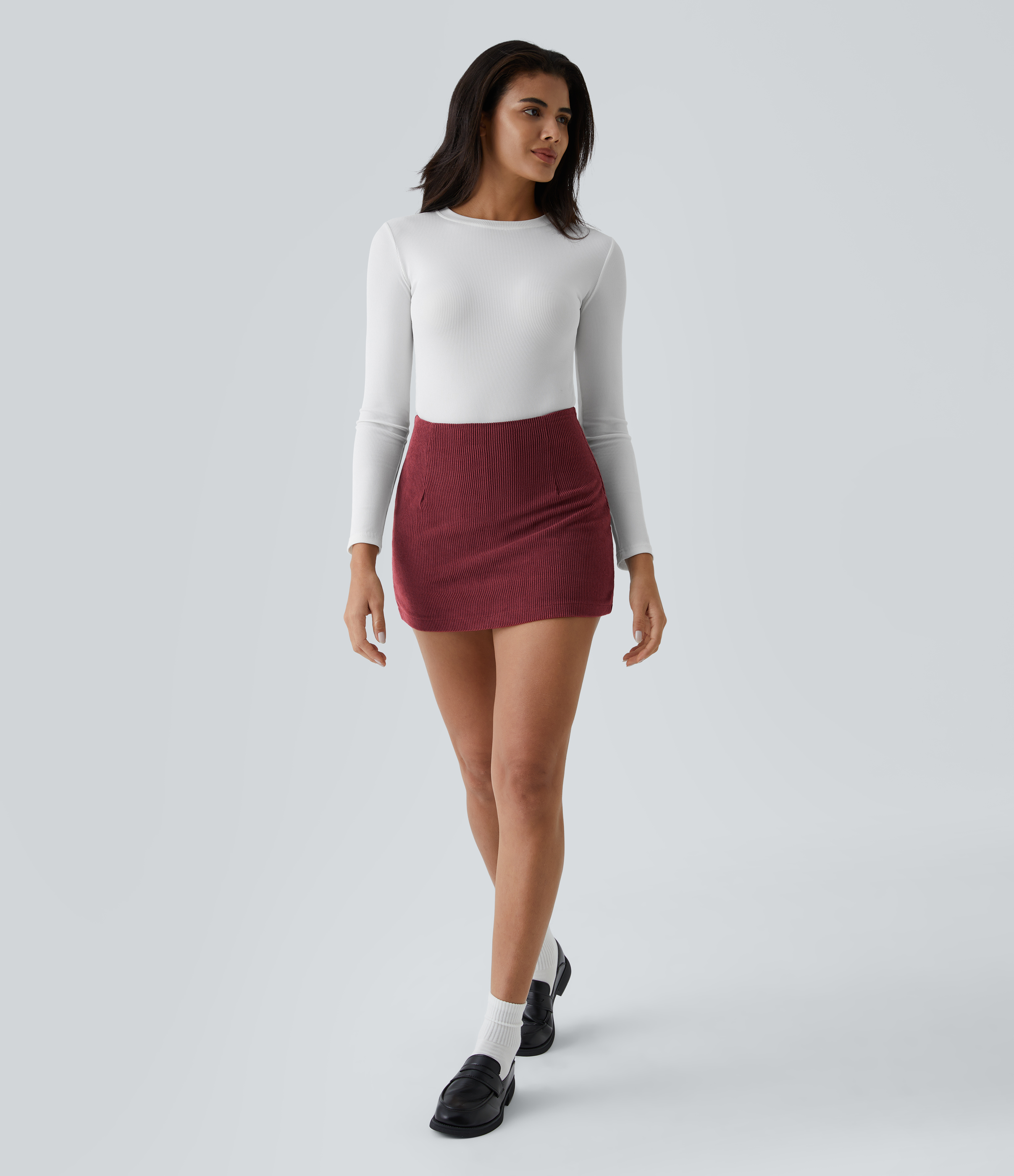 Halara High Waisted Invisible Zipper 2-in-1 A Line Mini Corduroy Casual Skirt  - Pomegranate - XL(regular) 