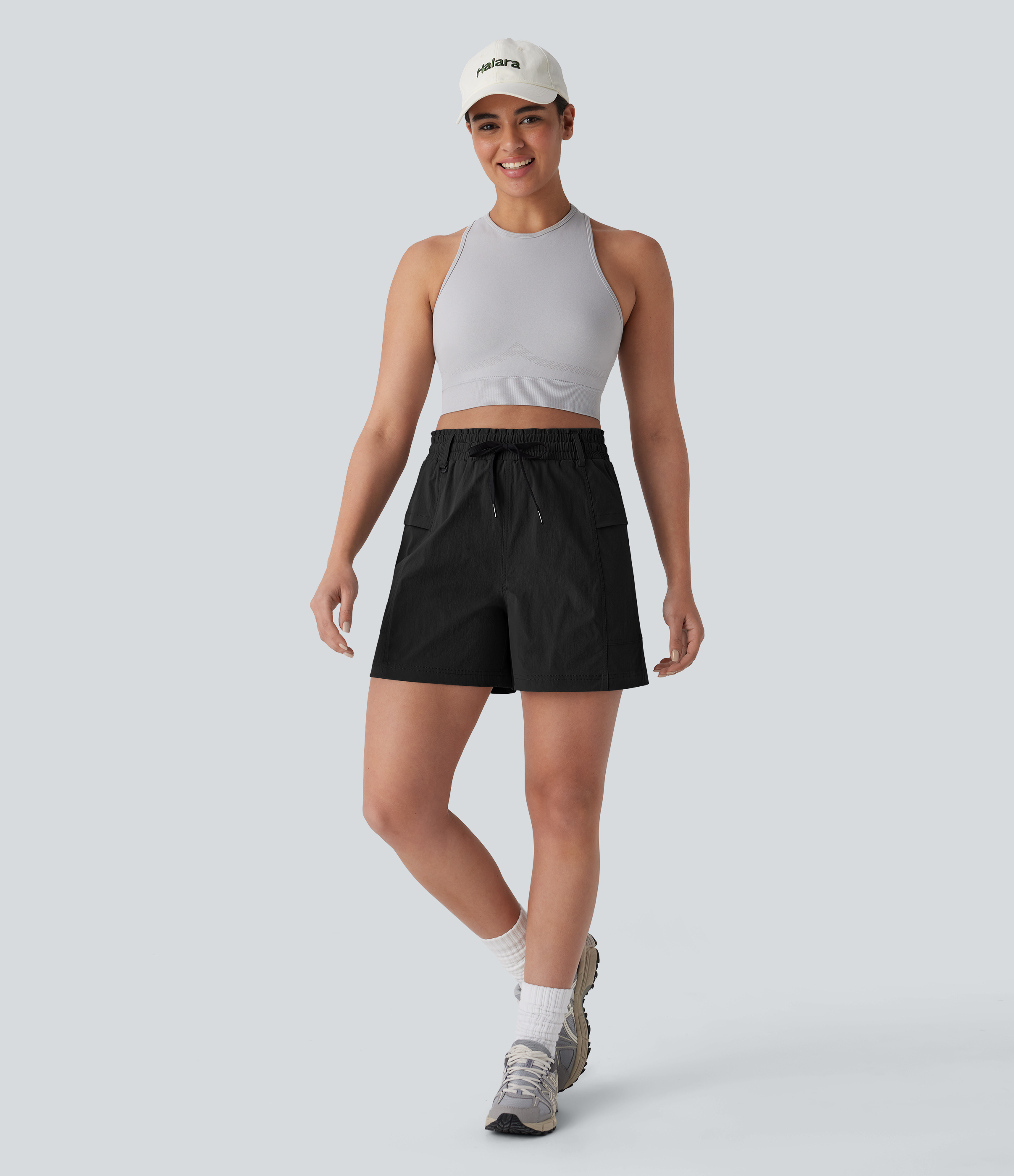 Halara Frill High Waisted Drawstring Side Pocket Hiking Shorts 5`` Gym Short - Black - XL booty shorts compression shorts yoga shorts 