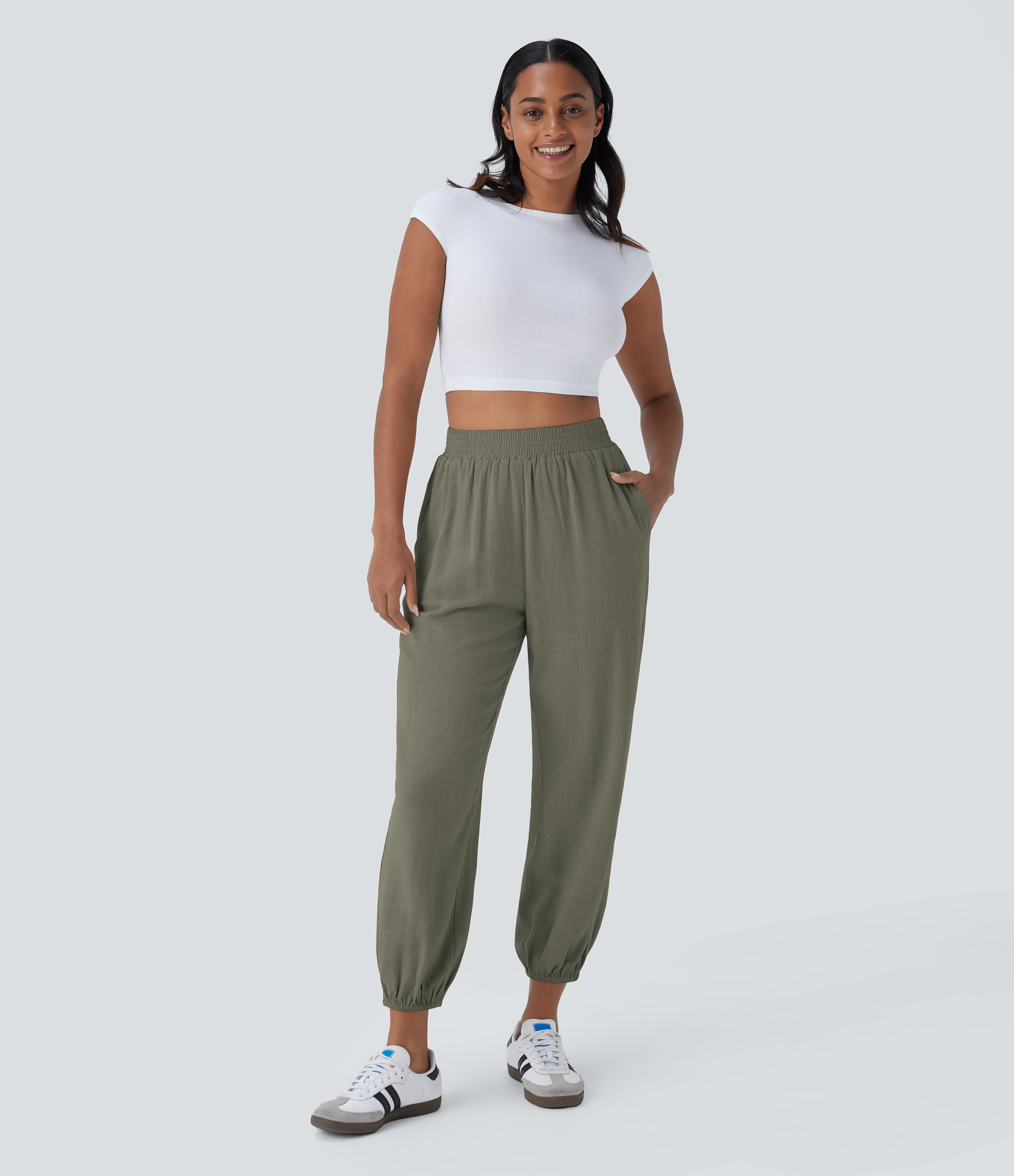 Halara High Waisted Side Pocket Linen-blend Casual Joggers  - Dusty Olive - XL(regular) 