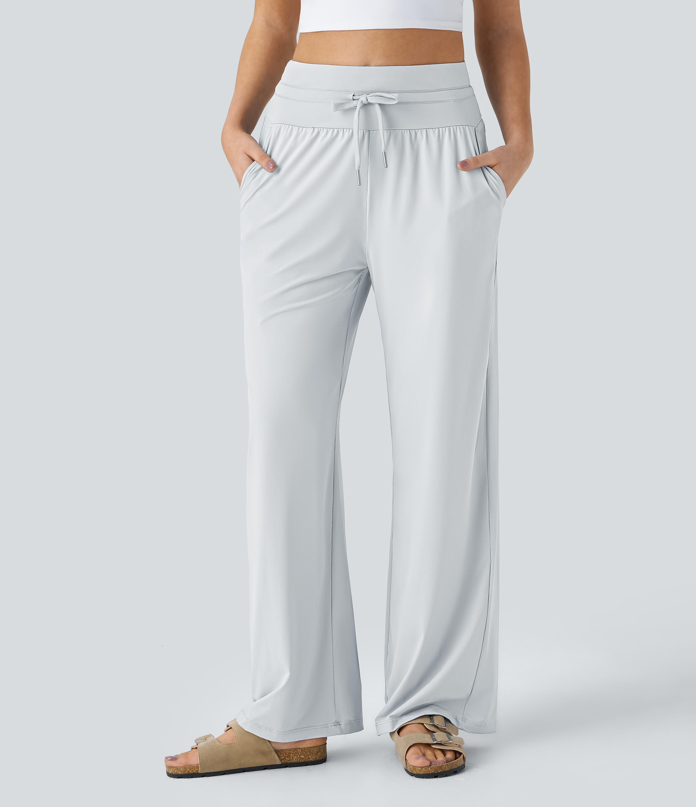 Halara High Waisted Drawstring Side Pocket Wide Leg Cool Touch Casual Pants  - Blue Blush - XL(regular) sweatpants jogger pants 