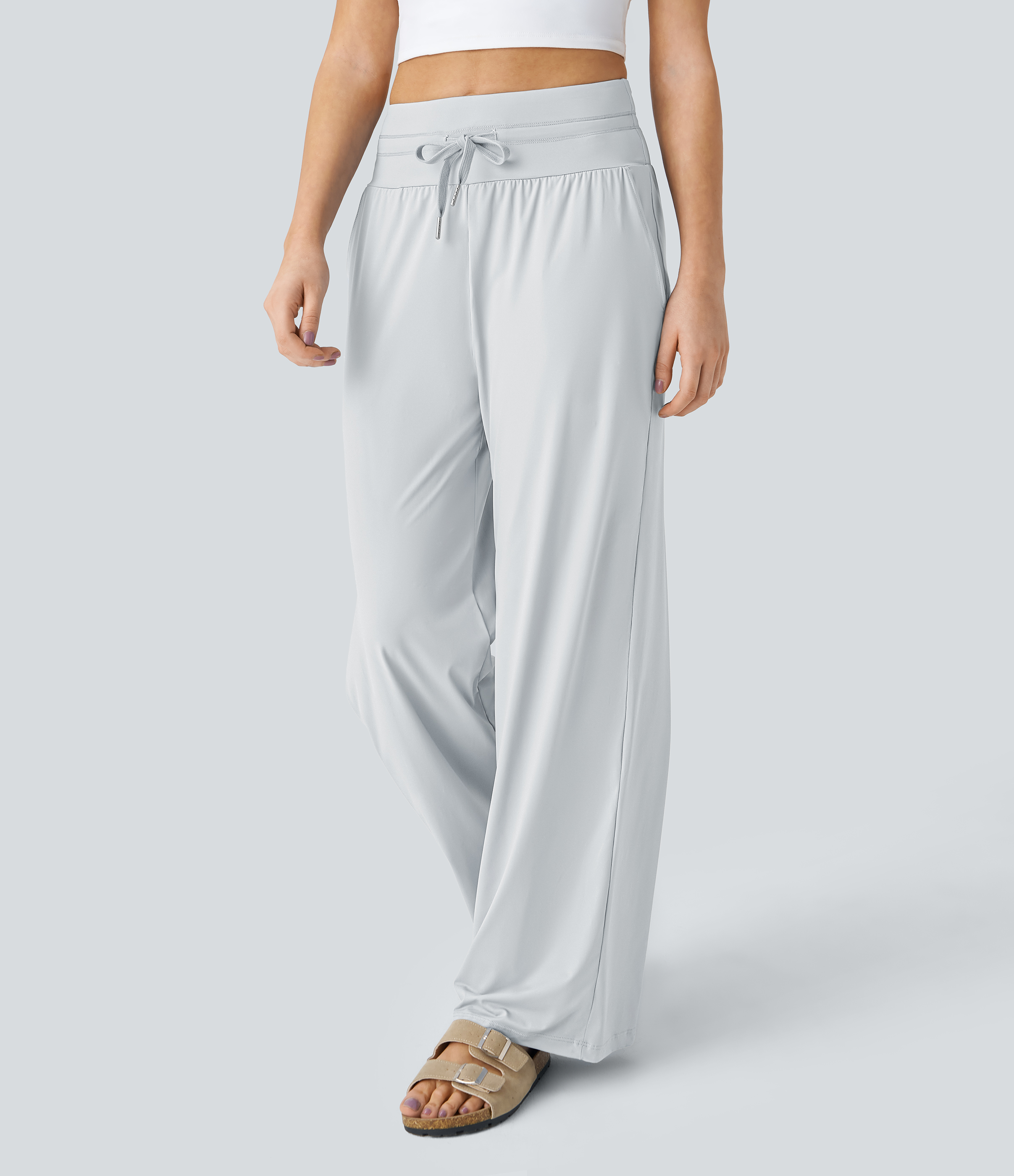 Halara High Waisted Drawstring Side Pocket Wide Leg Cool Touch Casual Pants  - Blue Blush - XL(regular) sweatpants jogger pants 