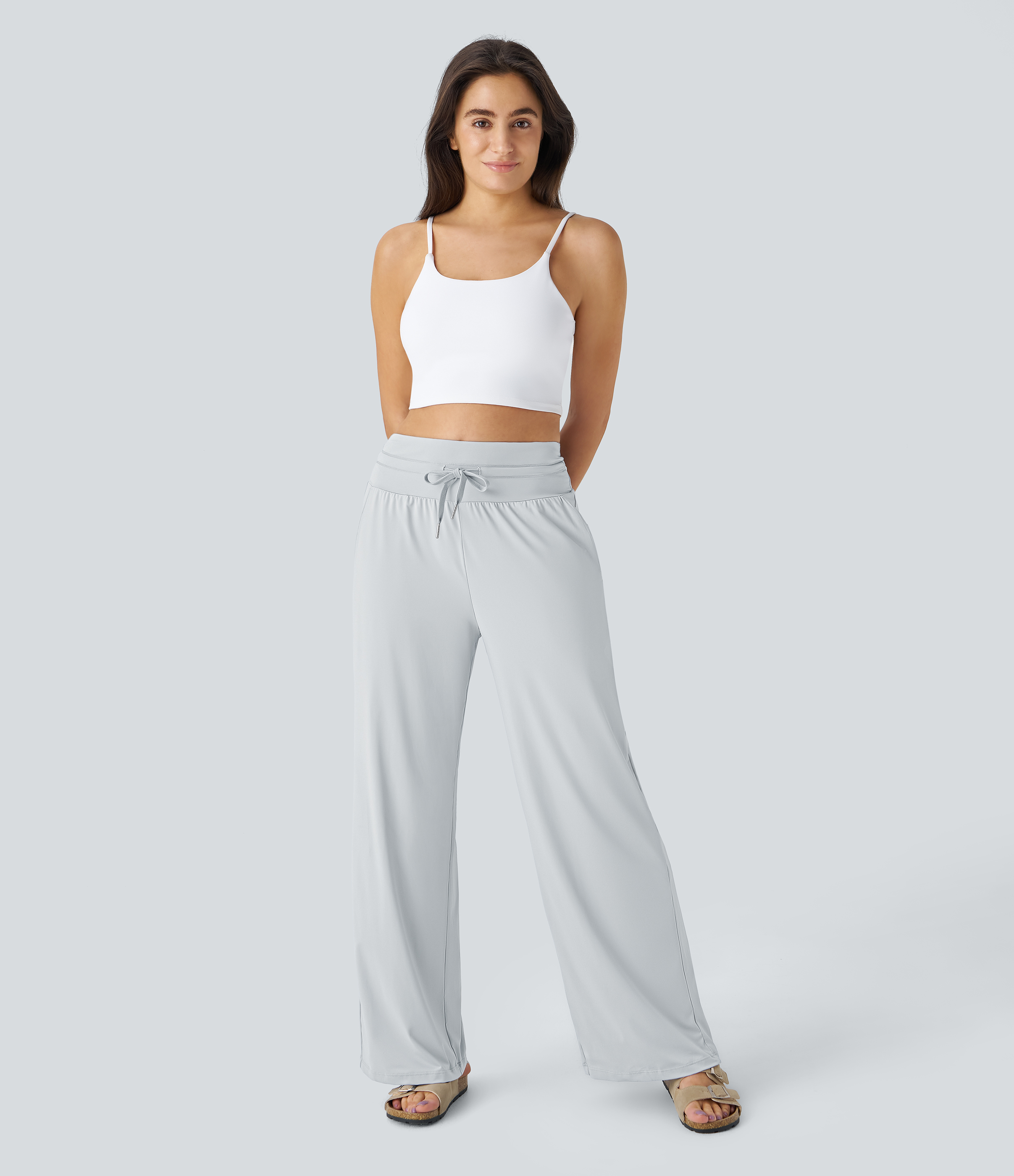Halara High Waisted Drawstring Side Pocket Wide Leg Cool Touch Casual Pants  - Blue Blush - XL(regular) sweatpants jogger pants 