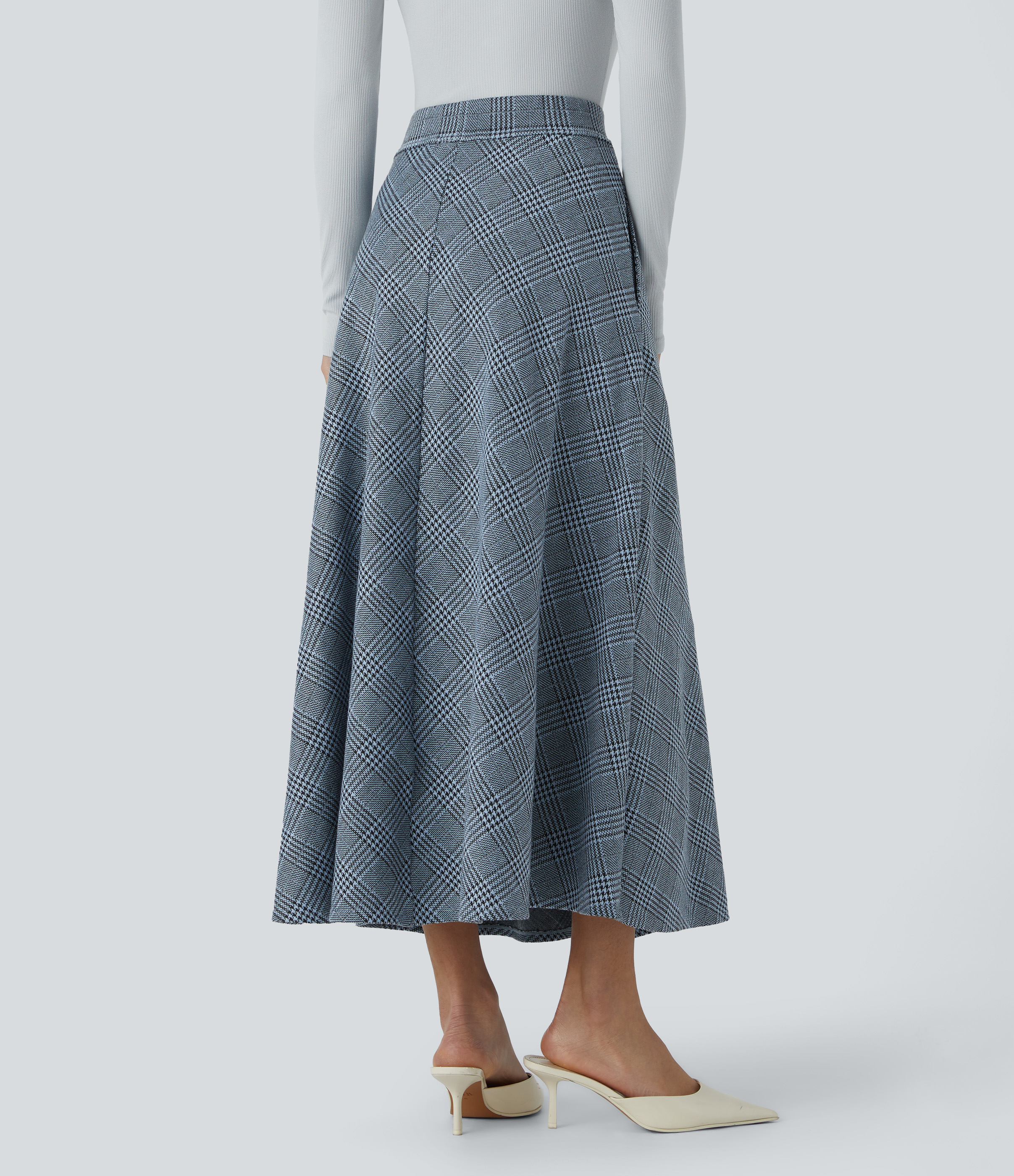 Halara High Waisted Side Pocket Houndstooth Plaid Flare Midi Casual Skirt  - Grey Houndstooth Plaid - XS(regular) 