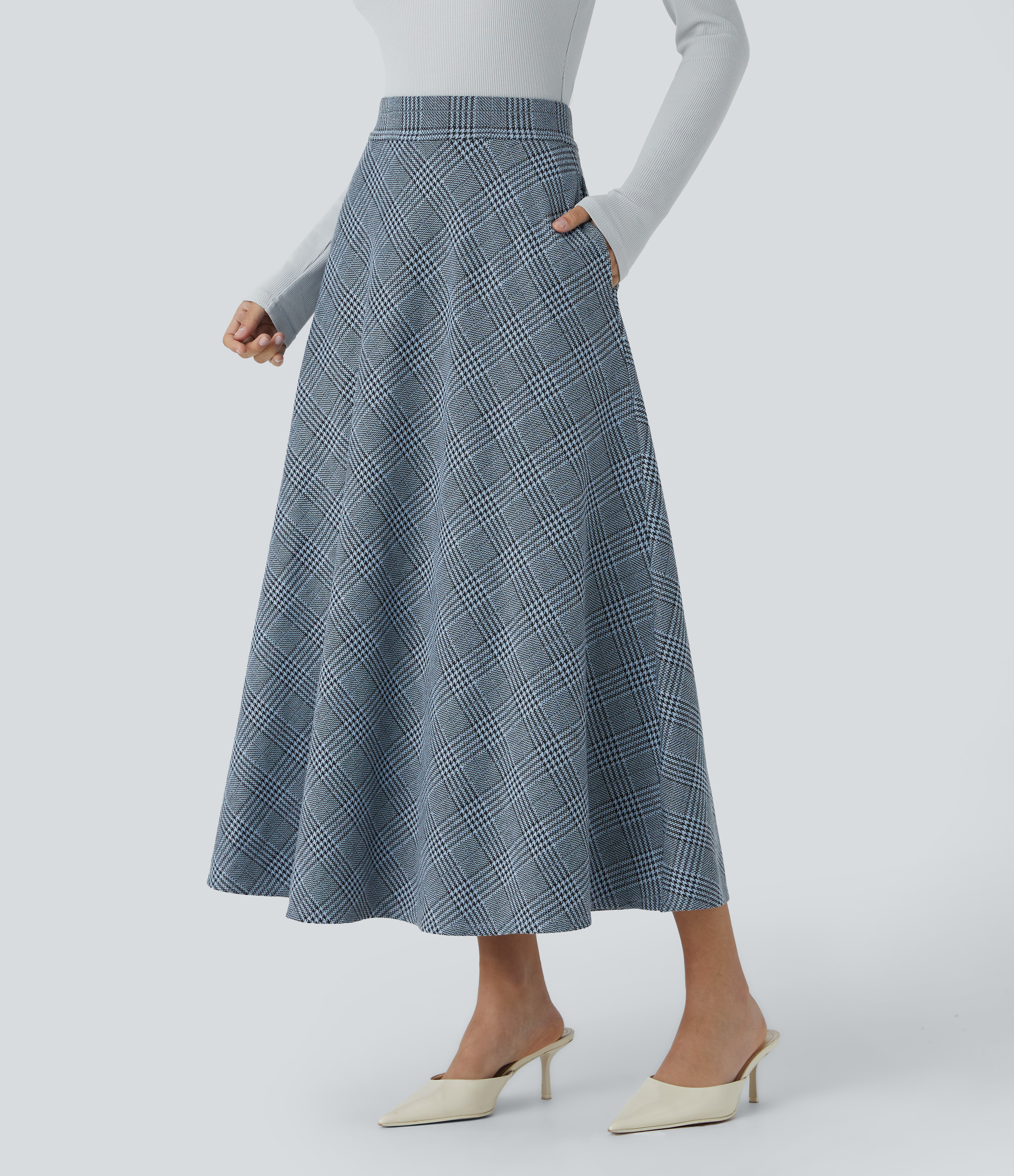 Halara High Waisted Side Pocket Houndstooth Plaid Flare Midi Casual Skirt  - Grey Houndstooth Plaid - XS(regular) 