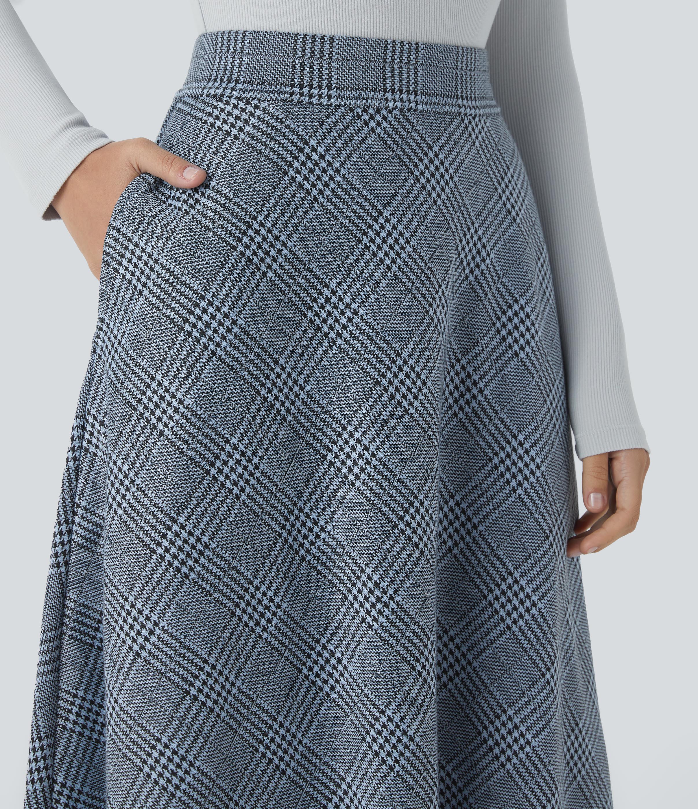 Halara High Waisted Side Pocket Houndstooth Plaid Flare Midi Casual Skirt  - Grey Houndstooth Plaid - XS(regular) 
