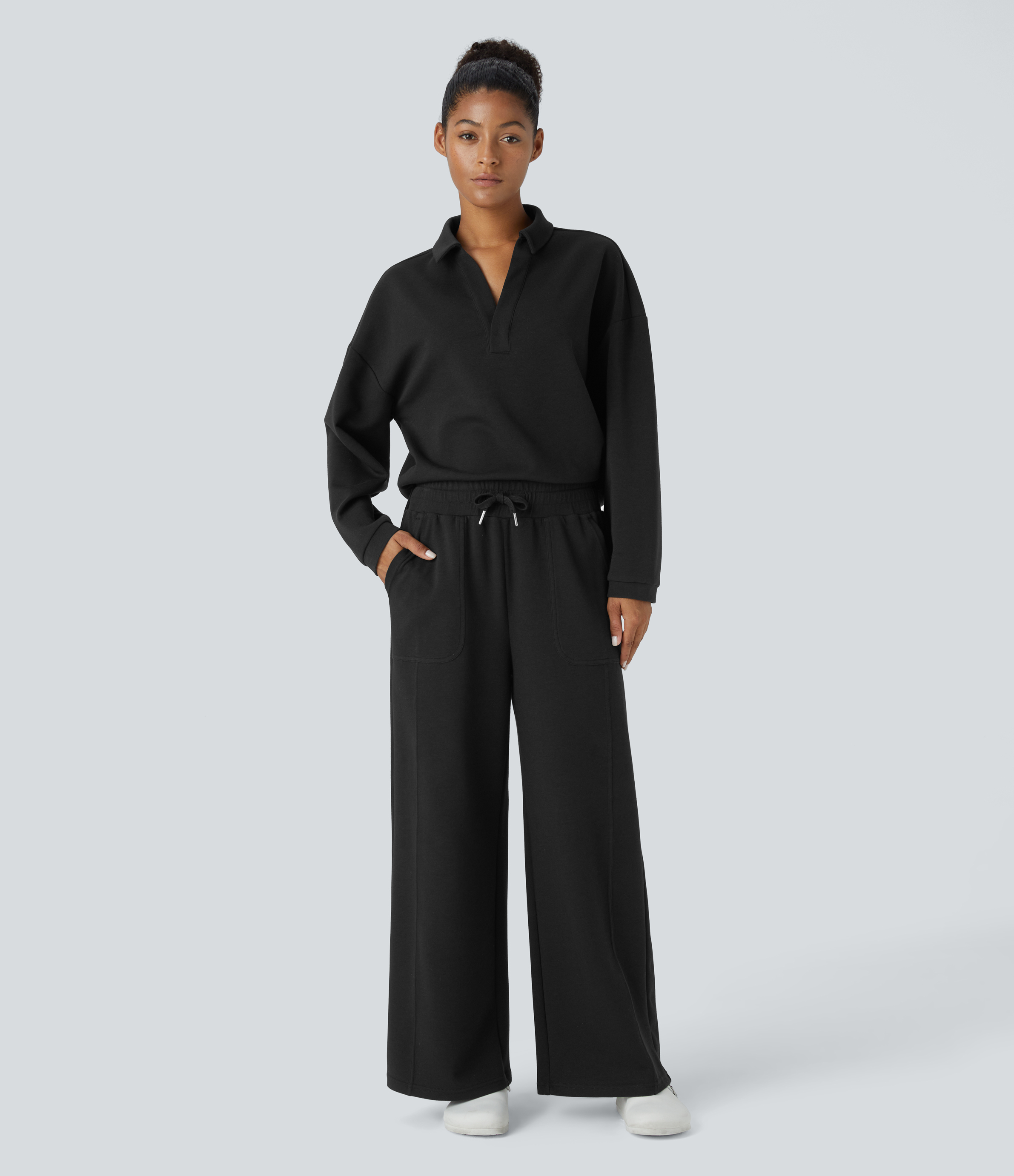 Halara Mid Rise Drawstring Side Pocket Straight Leg Casual Pants  - Black - S(regular) sweatpants jogger pants stacked sweatpants 