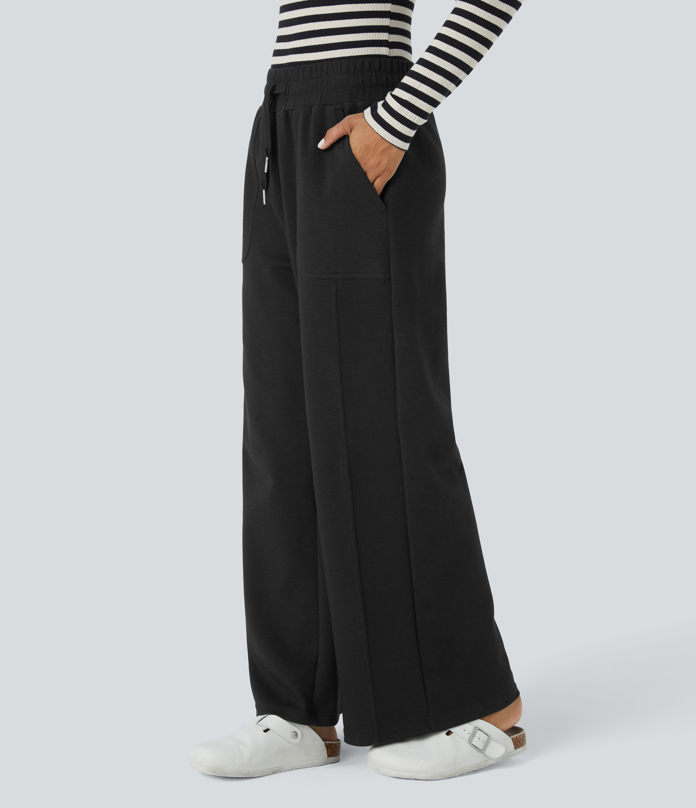 Halara Mid Rise Drawstring Side Pocket Straight Leg Casual Pants  - Black - S(regular) sweatpants jogger pants stacked sweatpants 