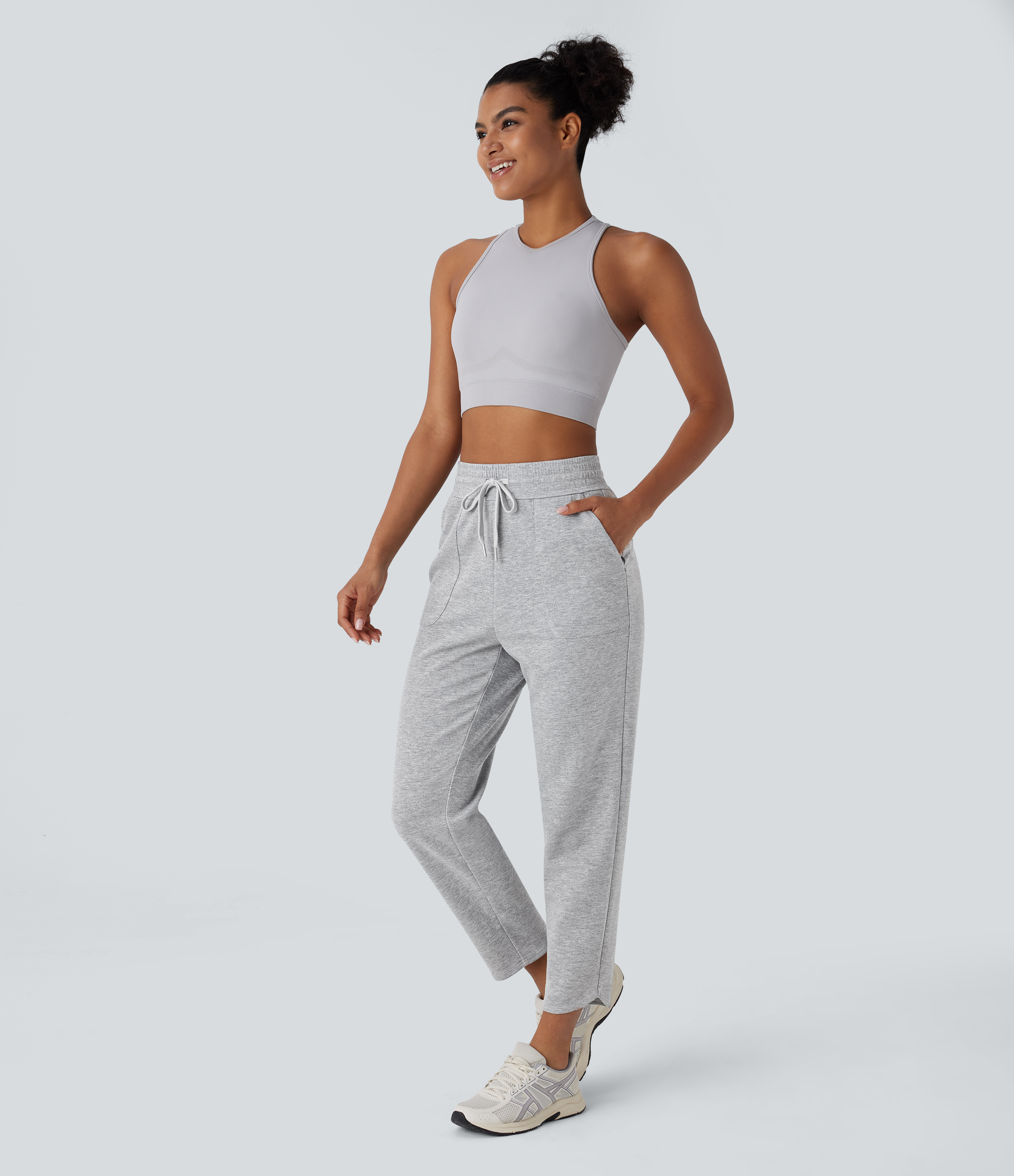 Halara High Waisted Drawstring Side Pocket Tapered Running Pants  - Fog Gray - S(regular) sweatpants jogger pants stacked sweatpants 
