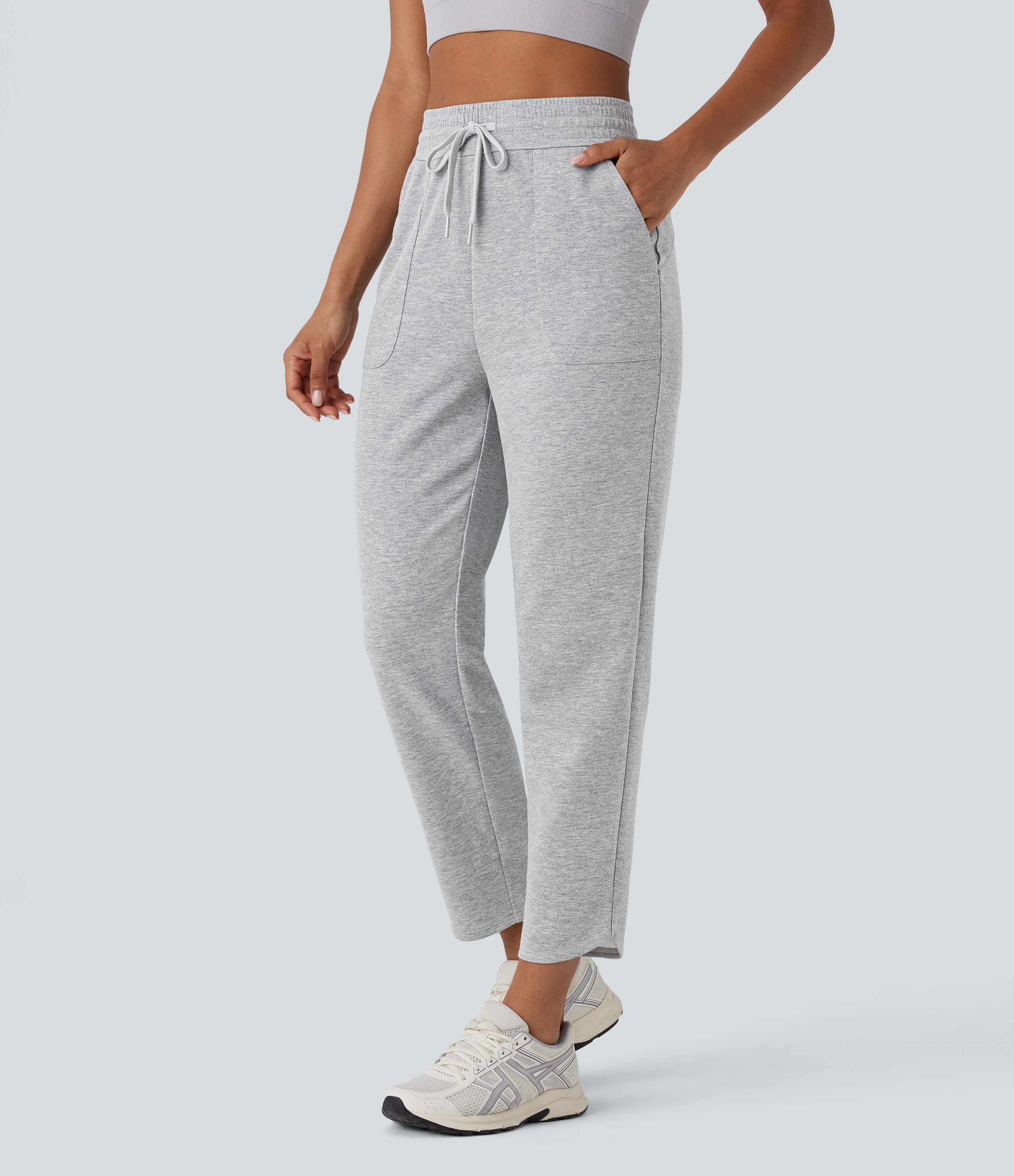Halara High Waisted Drawstring Side Pocket Tapered Running Pants  - Fog Gray - S(regular) sweatpants jogger pants stacked sweatpants 