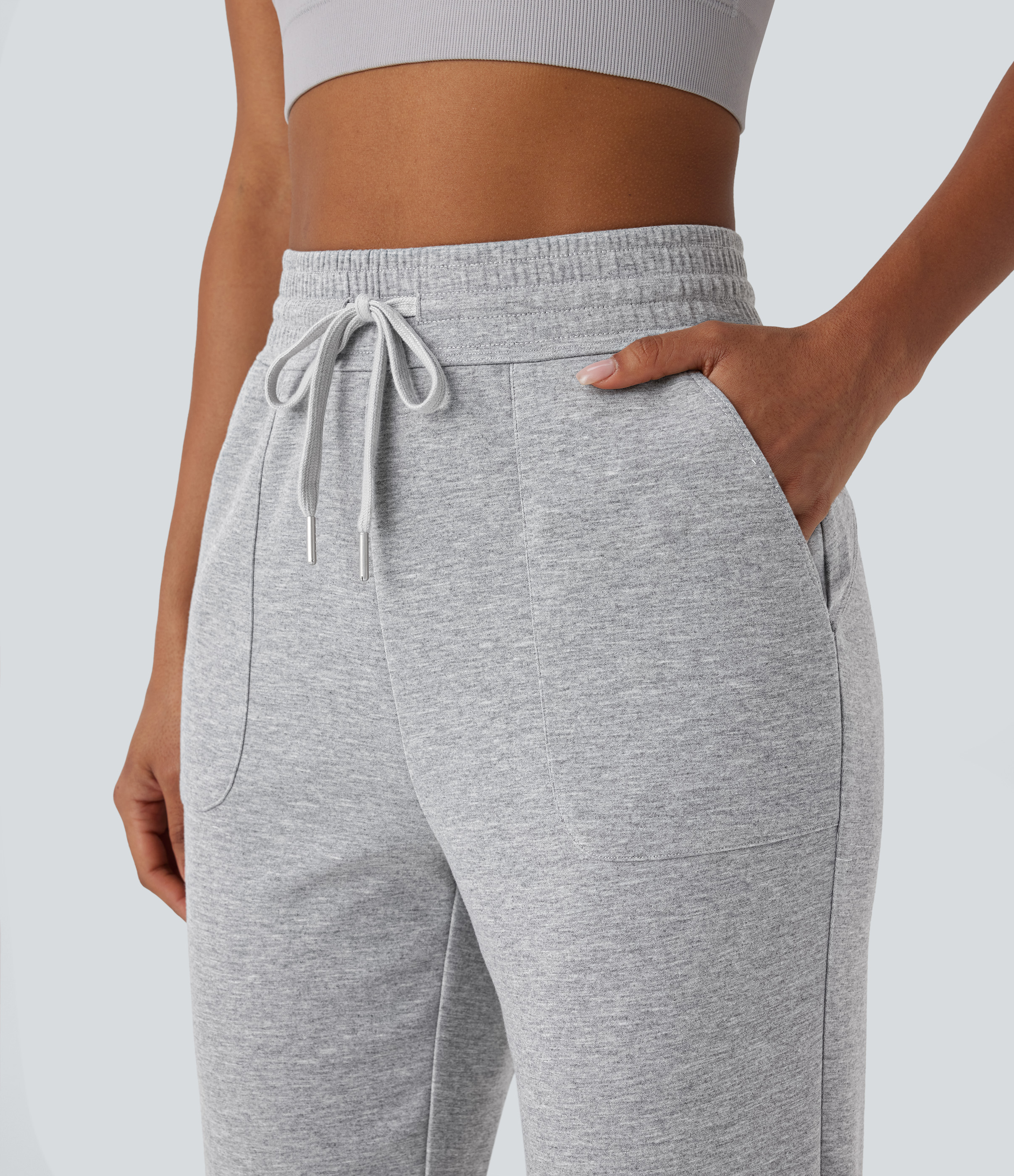 Halara High Waisted Drawstring Side Pocket Tapered Running Pants  - Fog Gray - S(regular) sweatpants jogger pants stacked sweatpants 