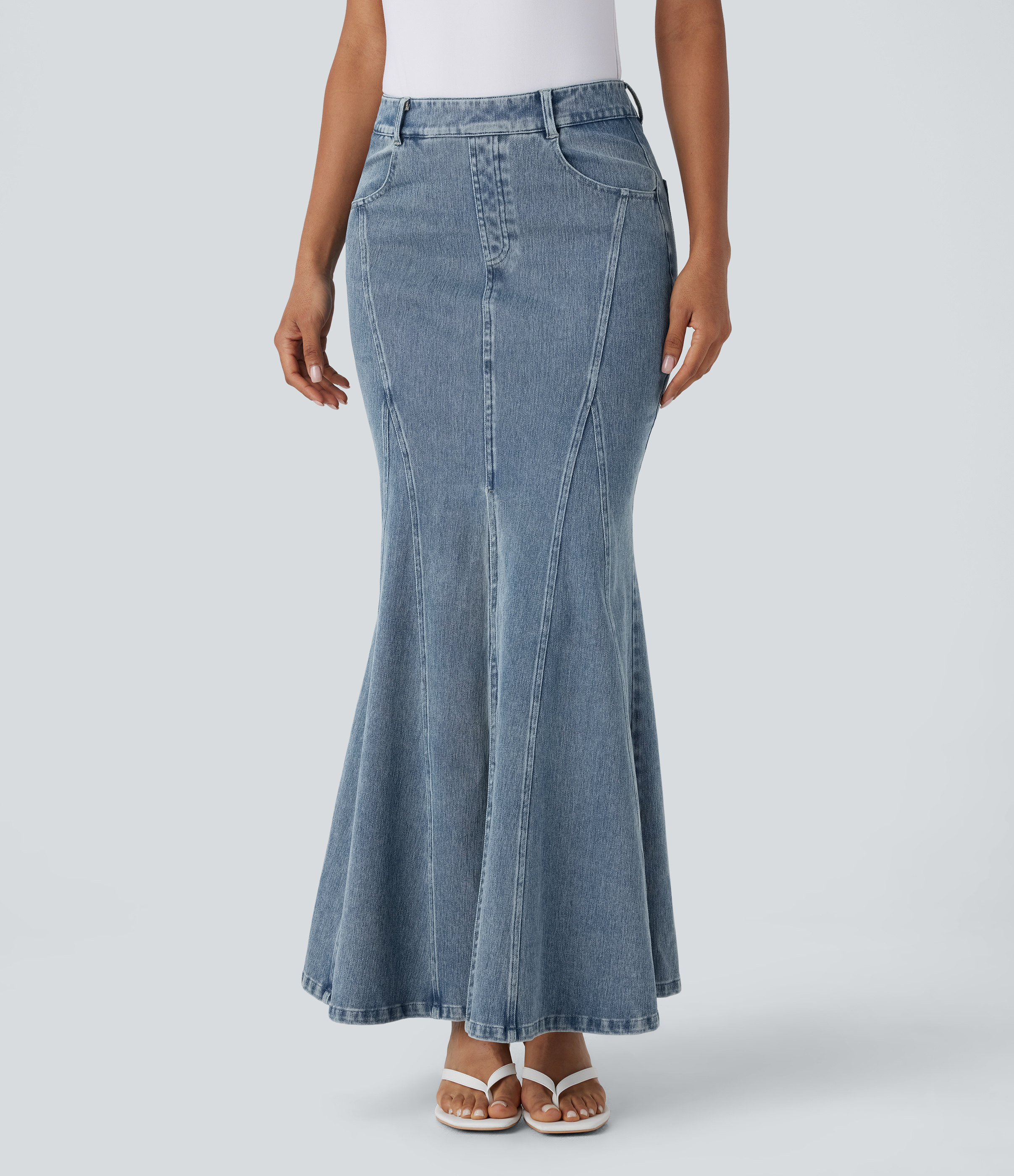 Halara Flex™ - Lässiger Meerjungfrauen-Maxirock aus elastischem Strick-Denim mit mittelhohem Bund, mehreren Taschen und Schlitz