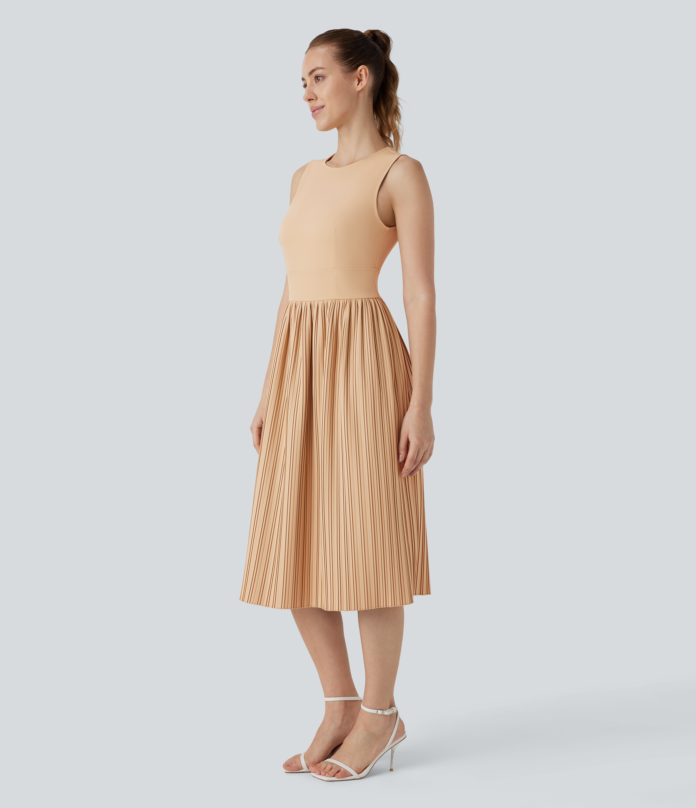 Halara Sleeveless Invisible Zipper Draped Pliss Midi Casual Dress Casual Dress - Curds & Whey - XS slip dress beach dress ruched dress 
