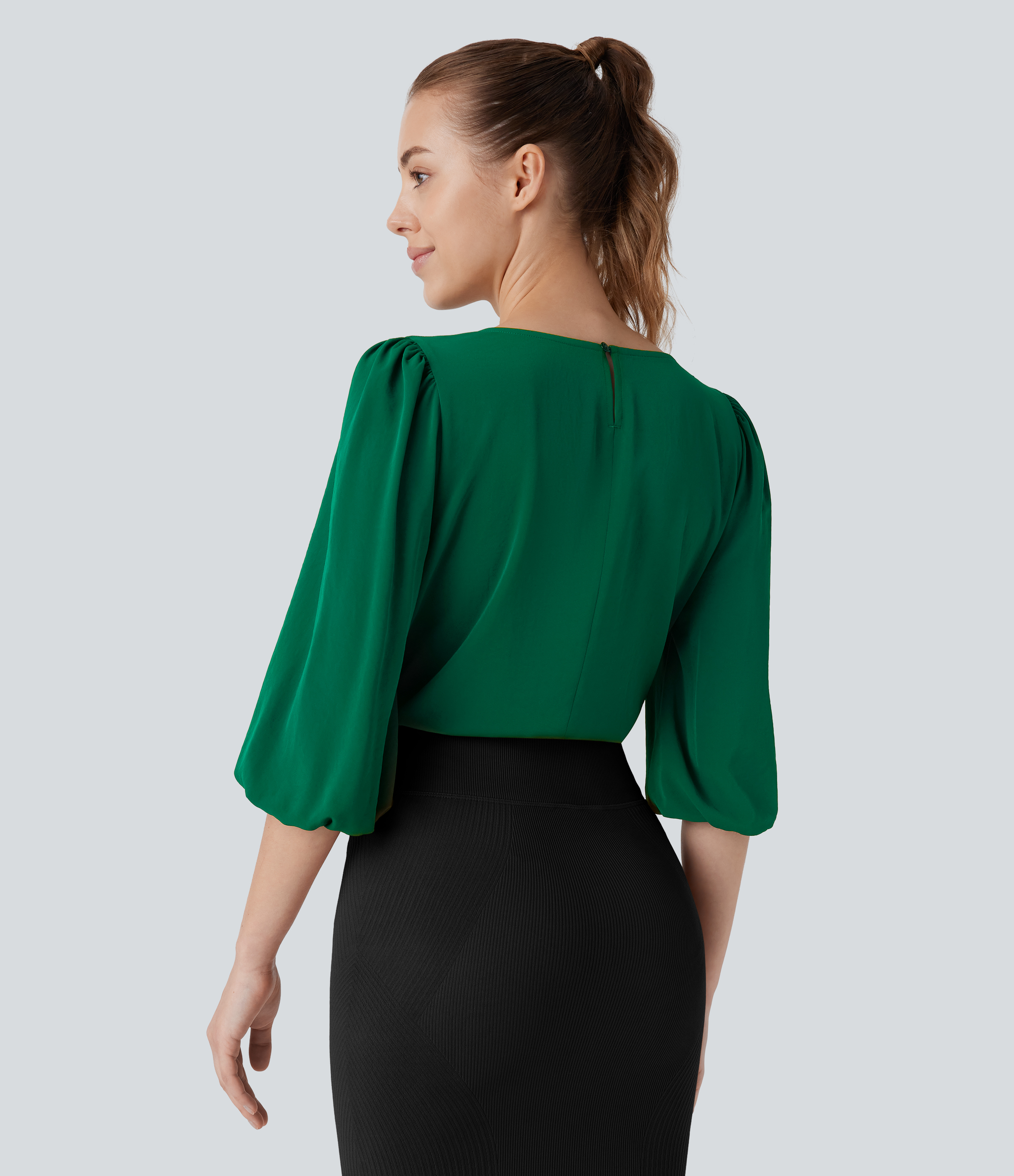 Halara Boat Neck Keyhole Back Bishop Sleeve Work Blouse  - Green Jacket - S 
