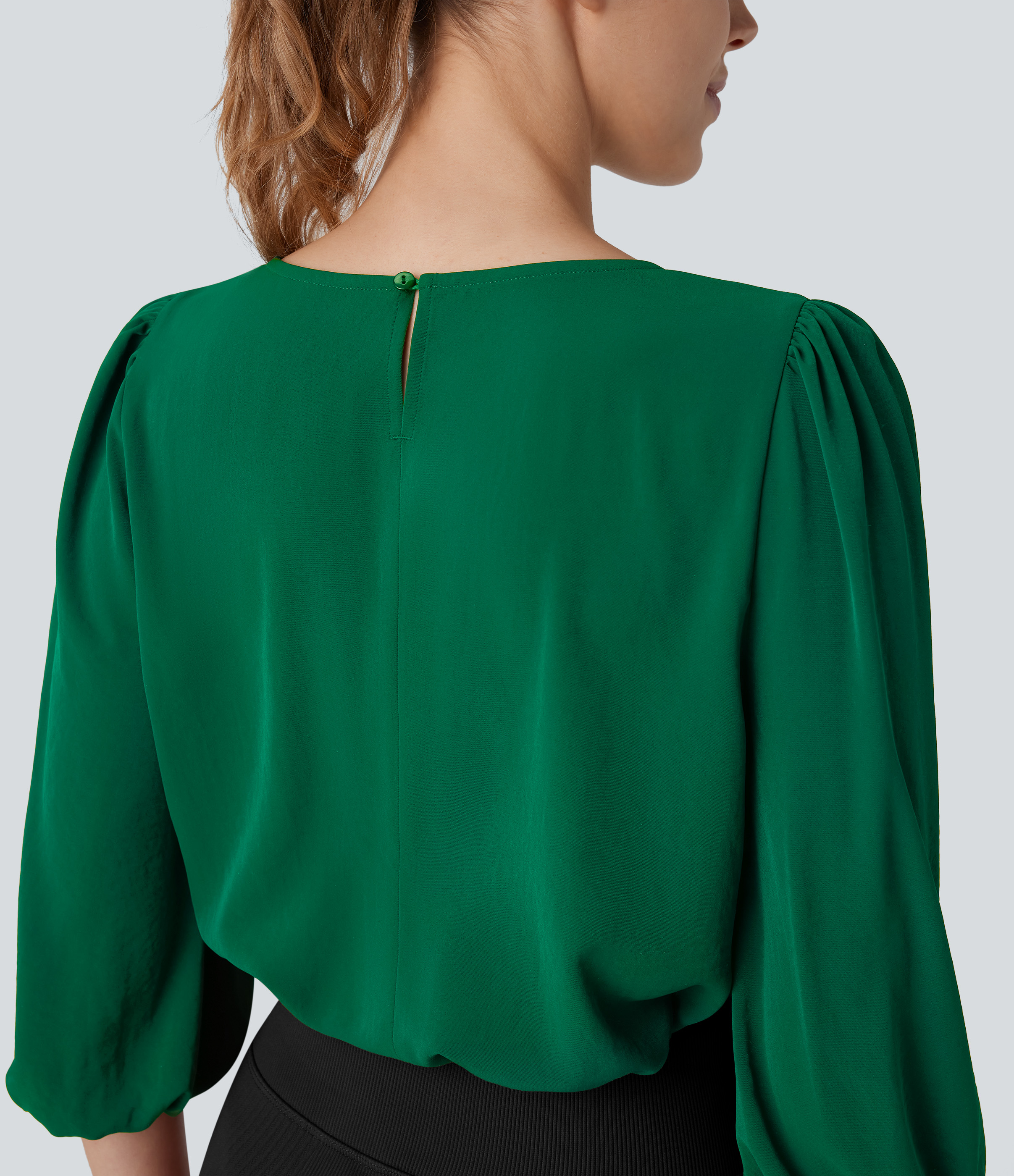 Halara Boat Neck Keyhole Back Bishop Sleeve Work Blouse  - Green Jacket - S 
