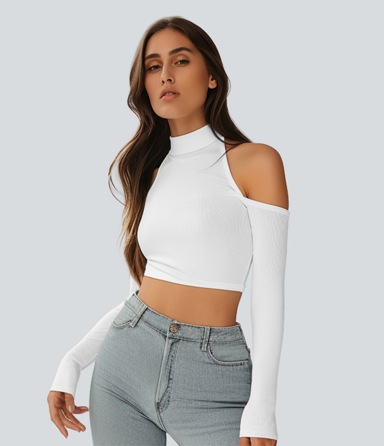 

Halara Ribbed Mock Neck Long Sleeve Cut Out Cropped Casual Top Tank Top - White -  golf tops halter top tunic tops sleeveless tops