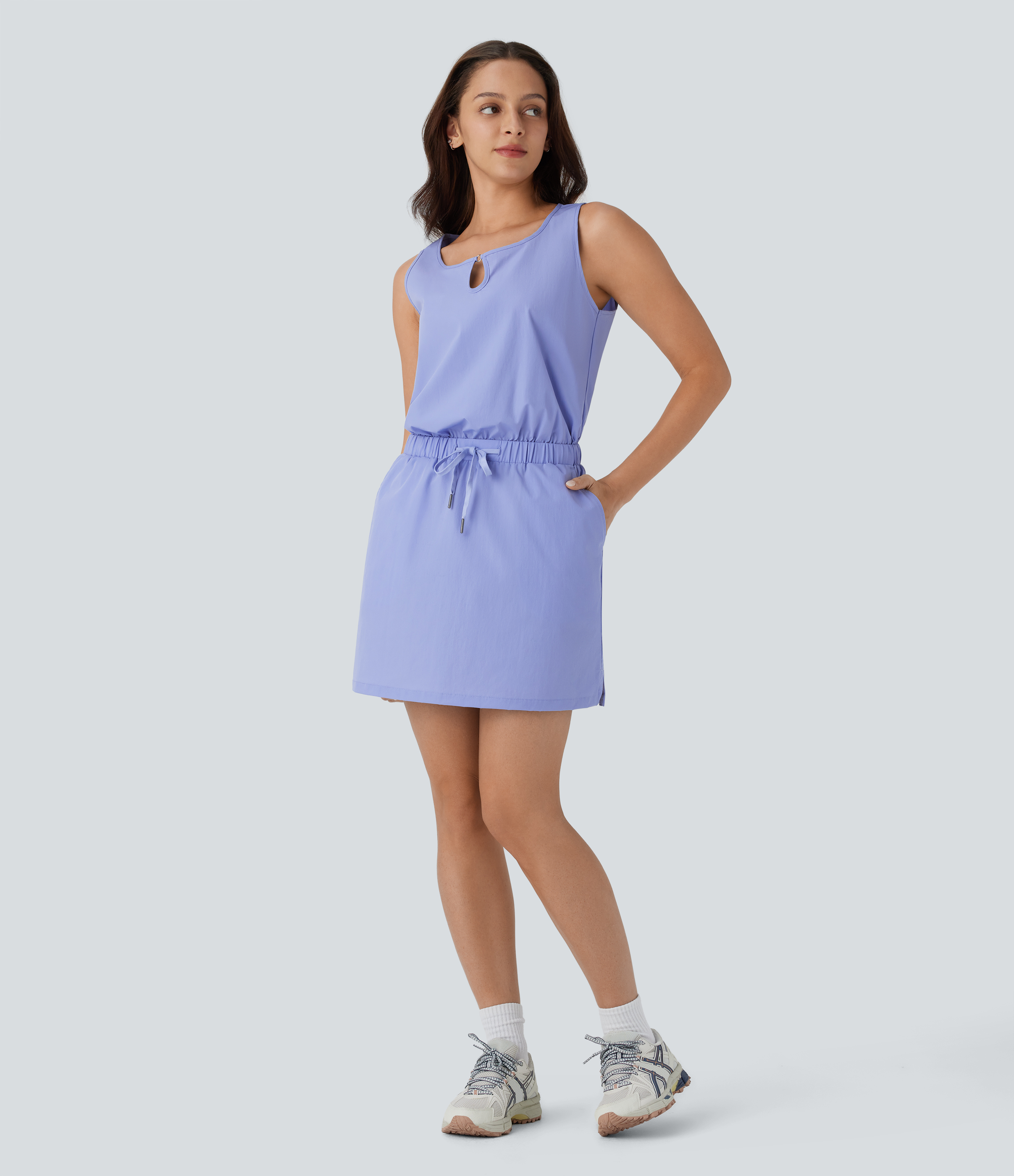 Halara Water Repellent Wear-Resistant Sleeveless Cut Out Drawstring Side Pockets Mini Hiking Active Dress Workout Dress - Azure Haze - L 