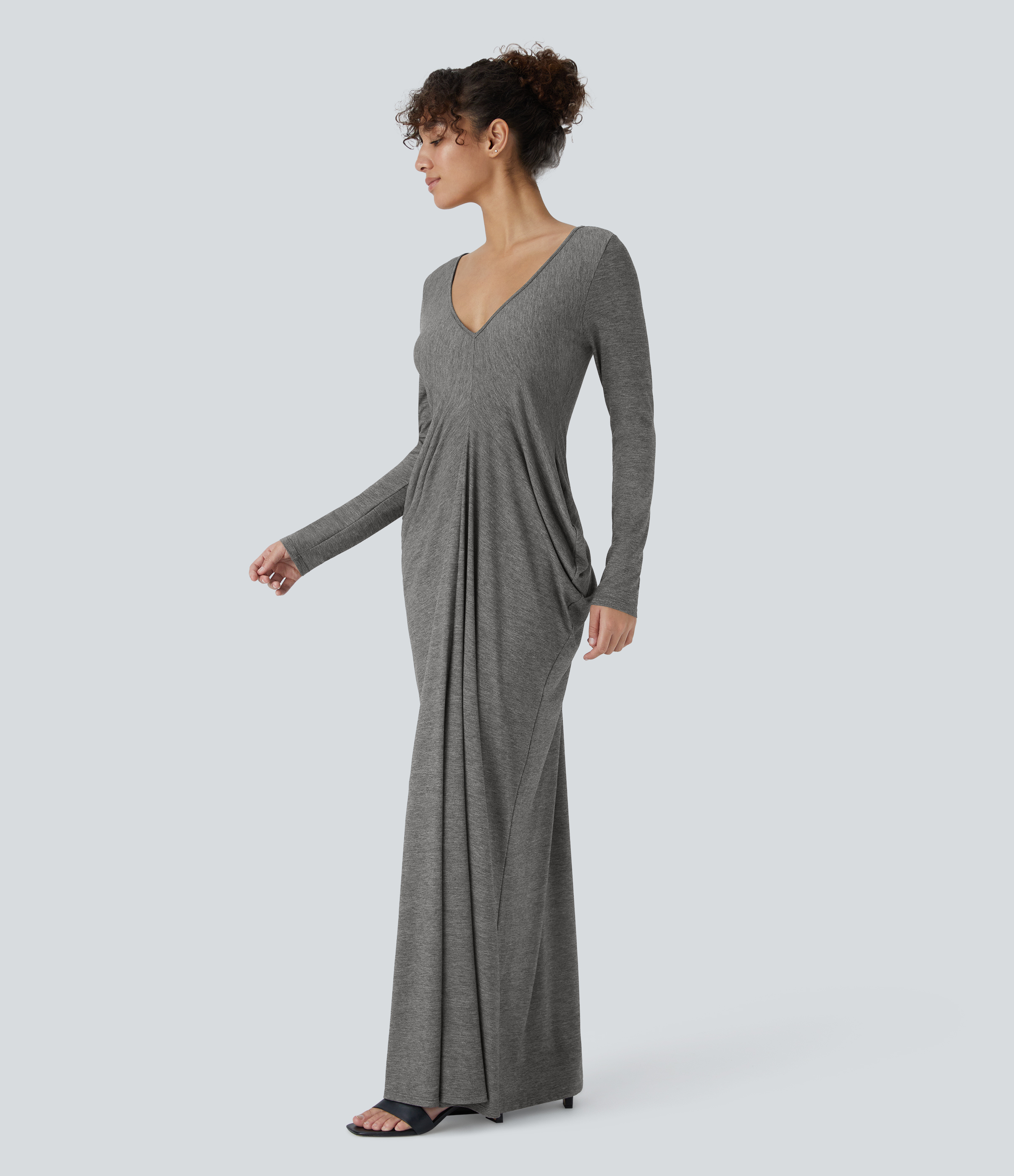 Women's Deep V Neck Long Sleeve Stacked Ruched Maxi Casual Dress - Halara Women's Deep V Neck Long Sleeve Stacked Ruched Maxi Casual Dress - Halara