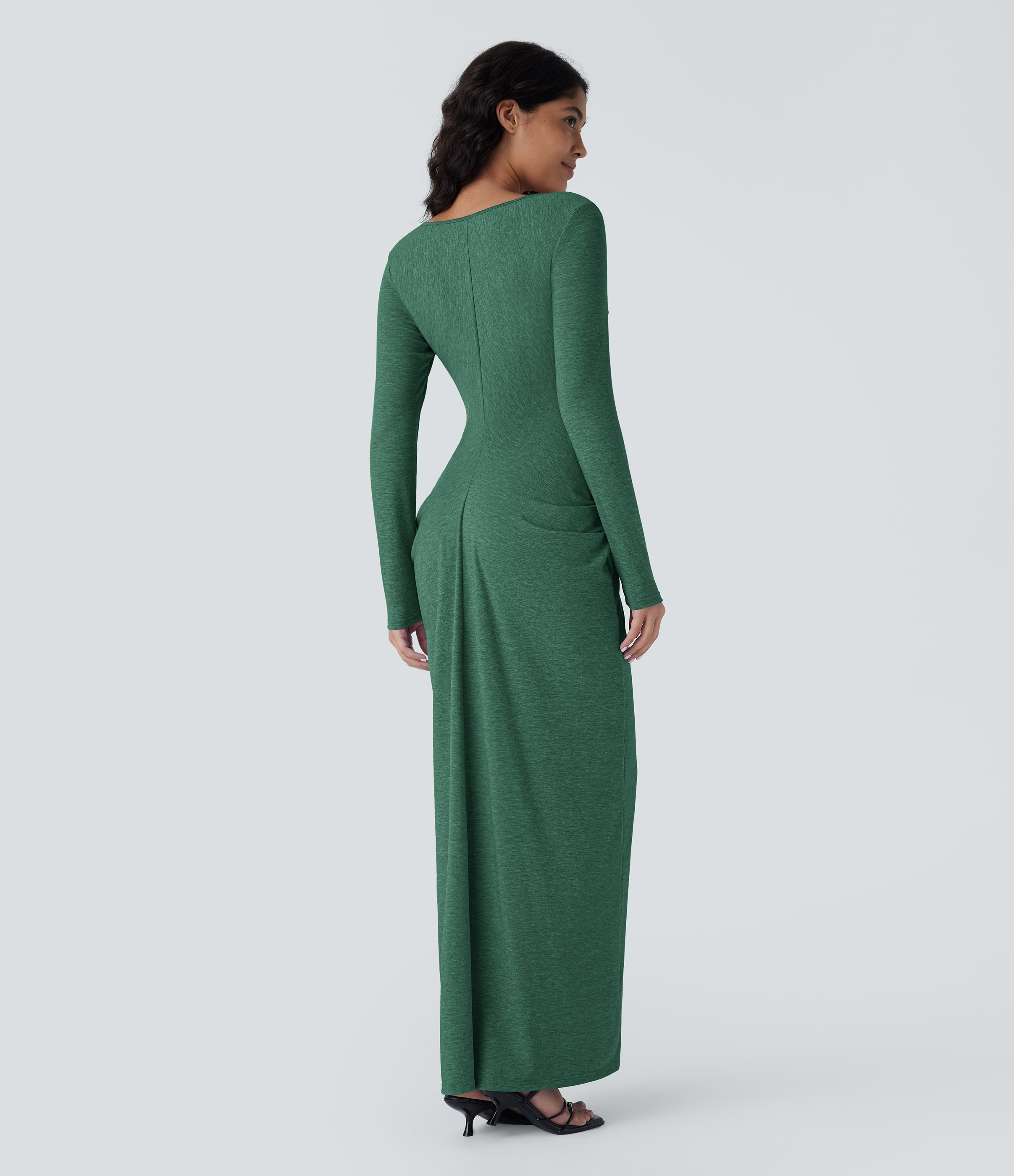 Dark Green Floral Yarn Maxi-Freizeitkleid mit tiefem V-Ausschnitt, langen Ärmeln und Rüschen / 2