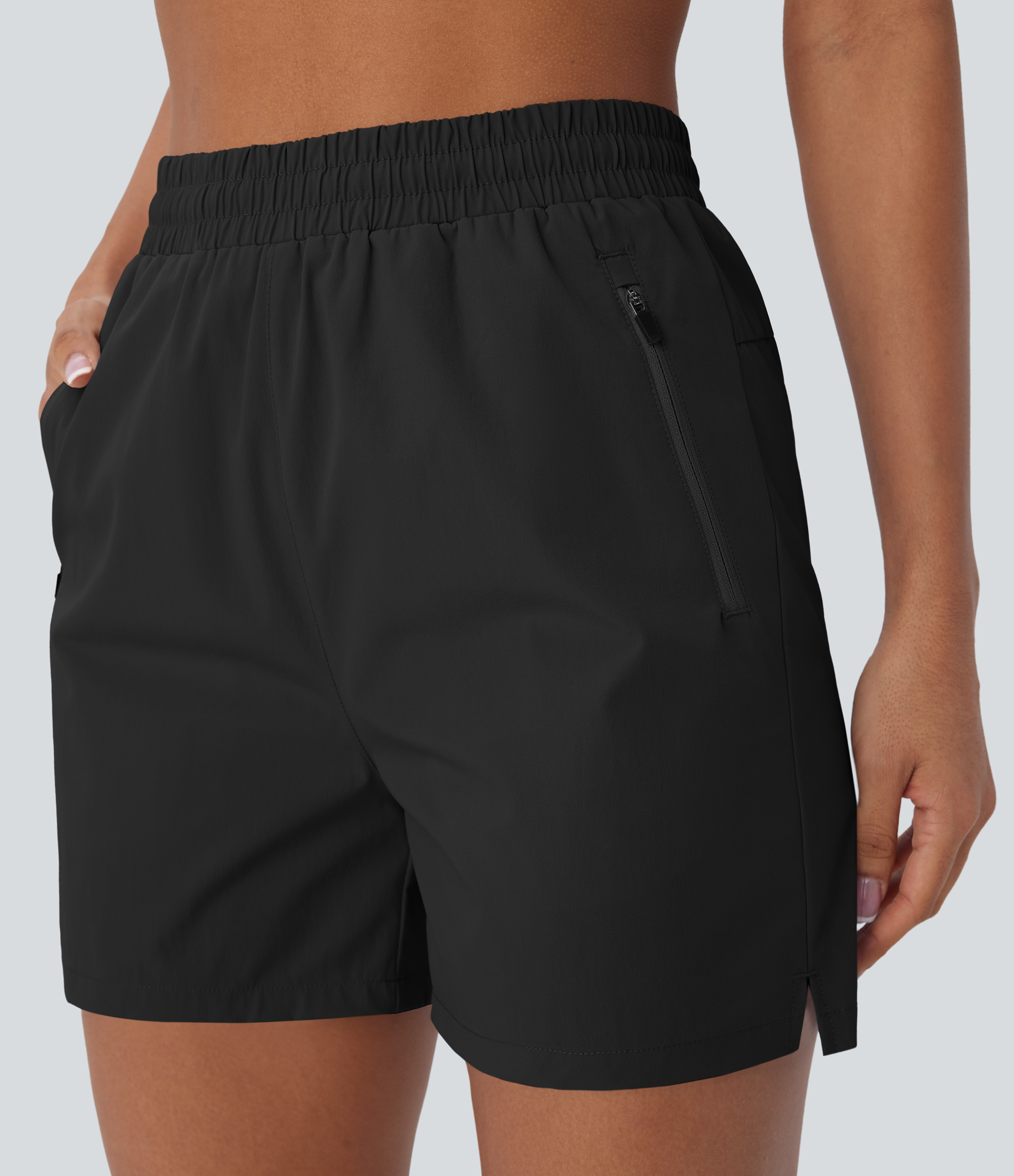 Halara Water Repellent Wear-Resistant High Waisted Inside Drawstring Multiple Zipper Pockets Split Hiking Shorts Gym Short - Black - M 