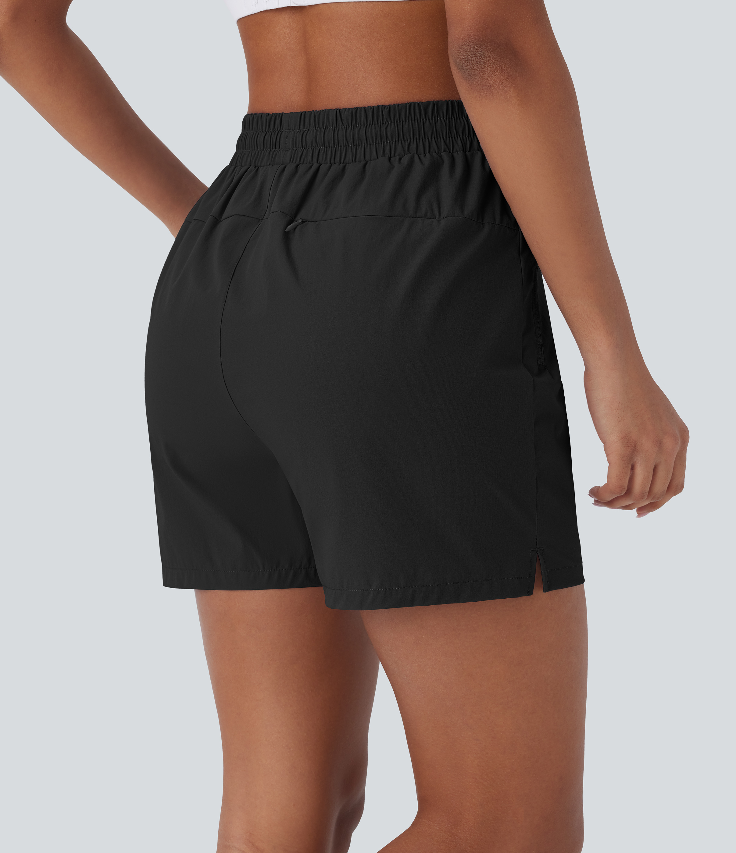 Halara Water Repellent Wear-Resistant High Waisted Inside Drawstring Multiple Zipper Pockets Split Hiking Shorts Gym Short - Black - M 