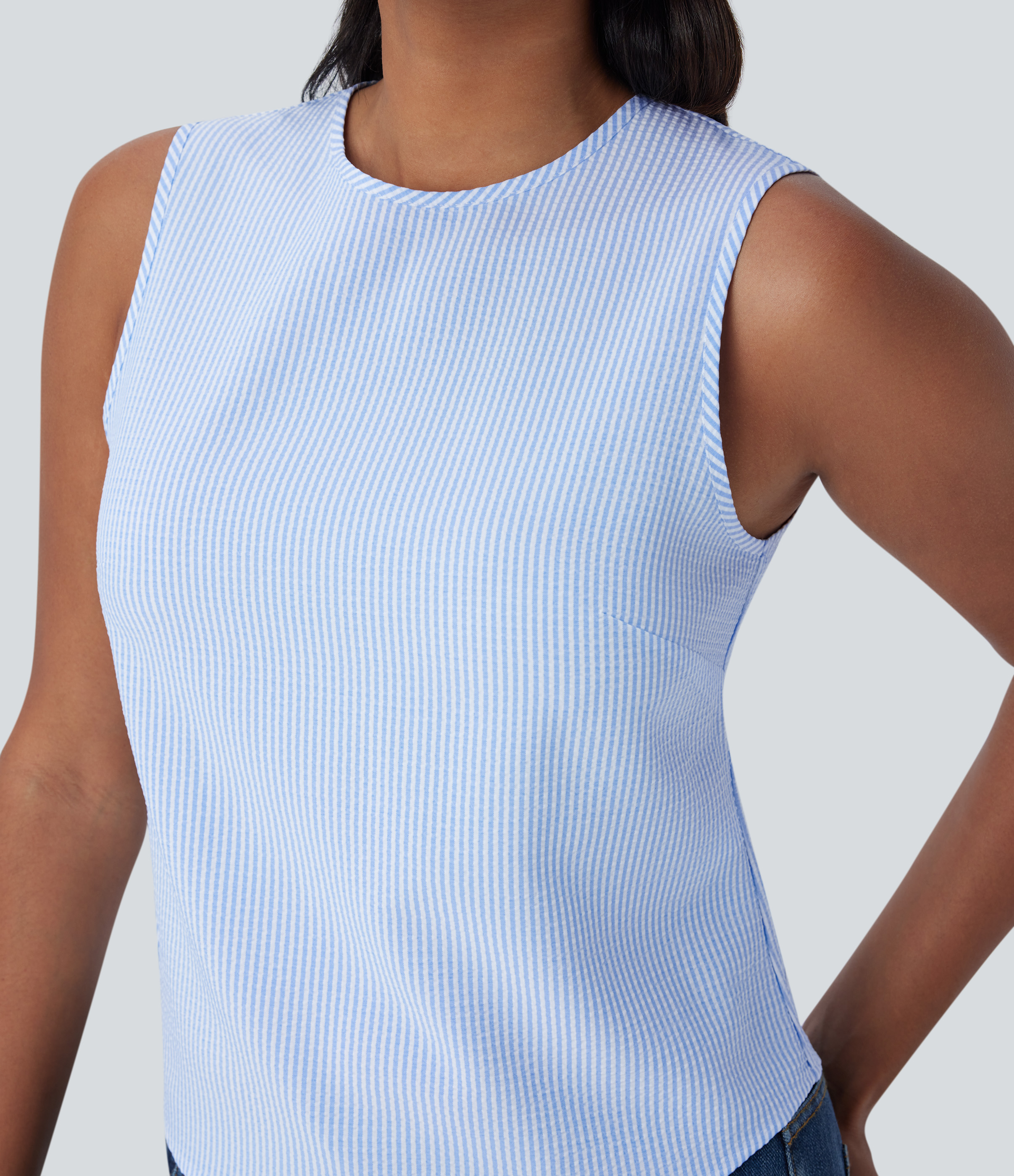 Halara Round Neck Sleeveless Tie Back Casual Top Tank Top - Azure White Stripe - XS golf tops halter top tunic tops sleeveless tops 