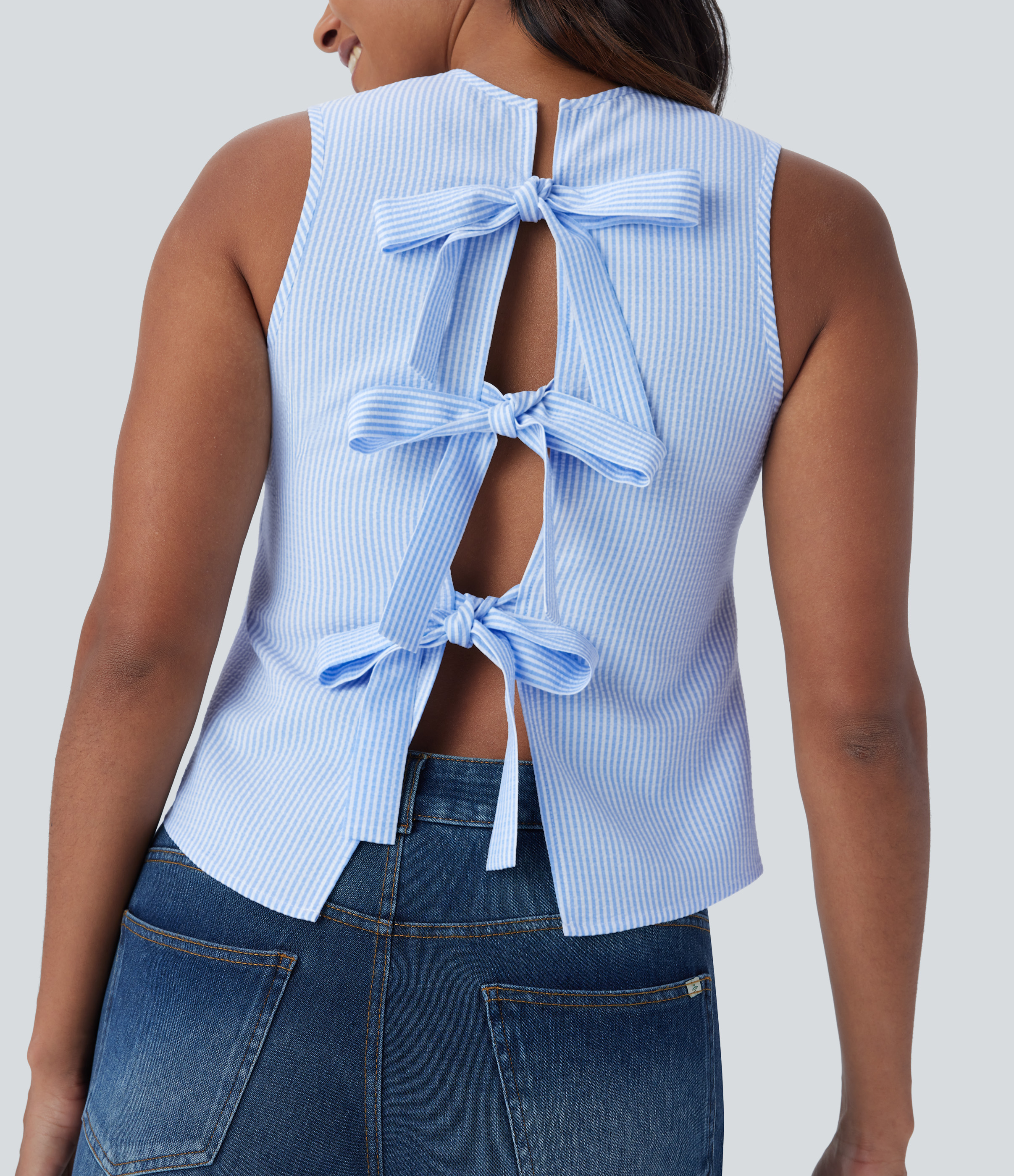 Halara Round Neck Sleeveless Tie Back Casual Top Tank Top - Azure White Stripe - XS golf tops halter top tunic tops sleeveless tops 