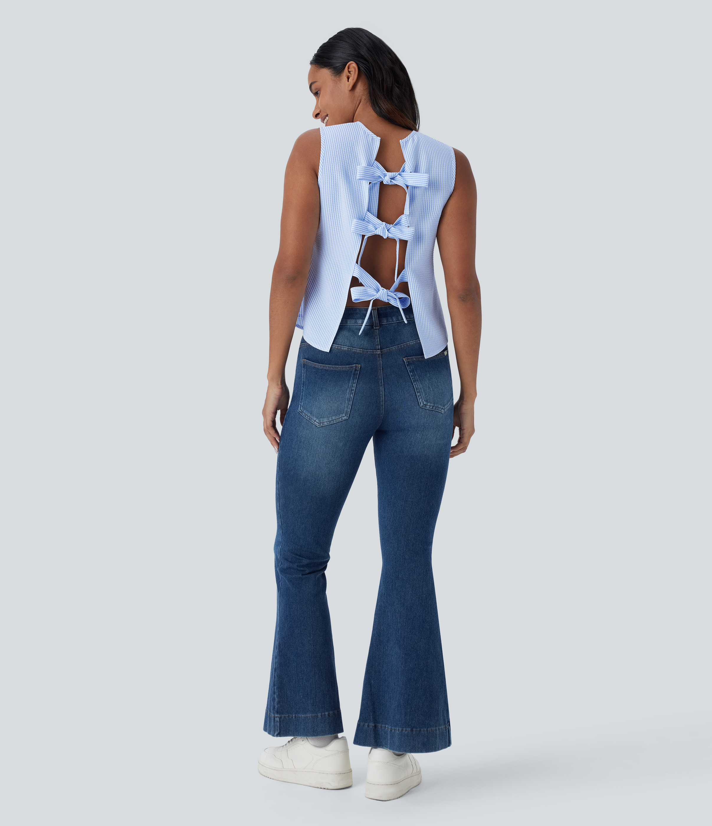 Halara Round Neck Sleeveless Tie Back Casual Top Tank Top - Azure White Stripe - XS golf tops halter top tunic tops sleeveless tops 