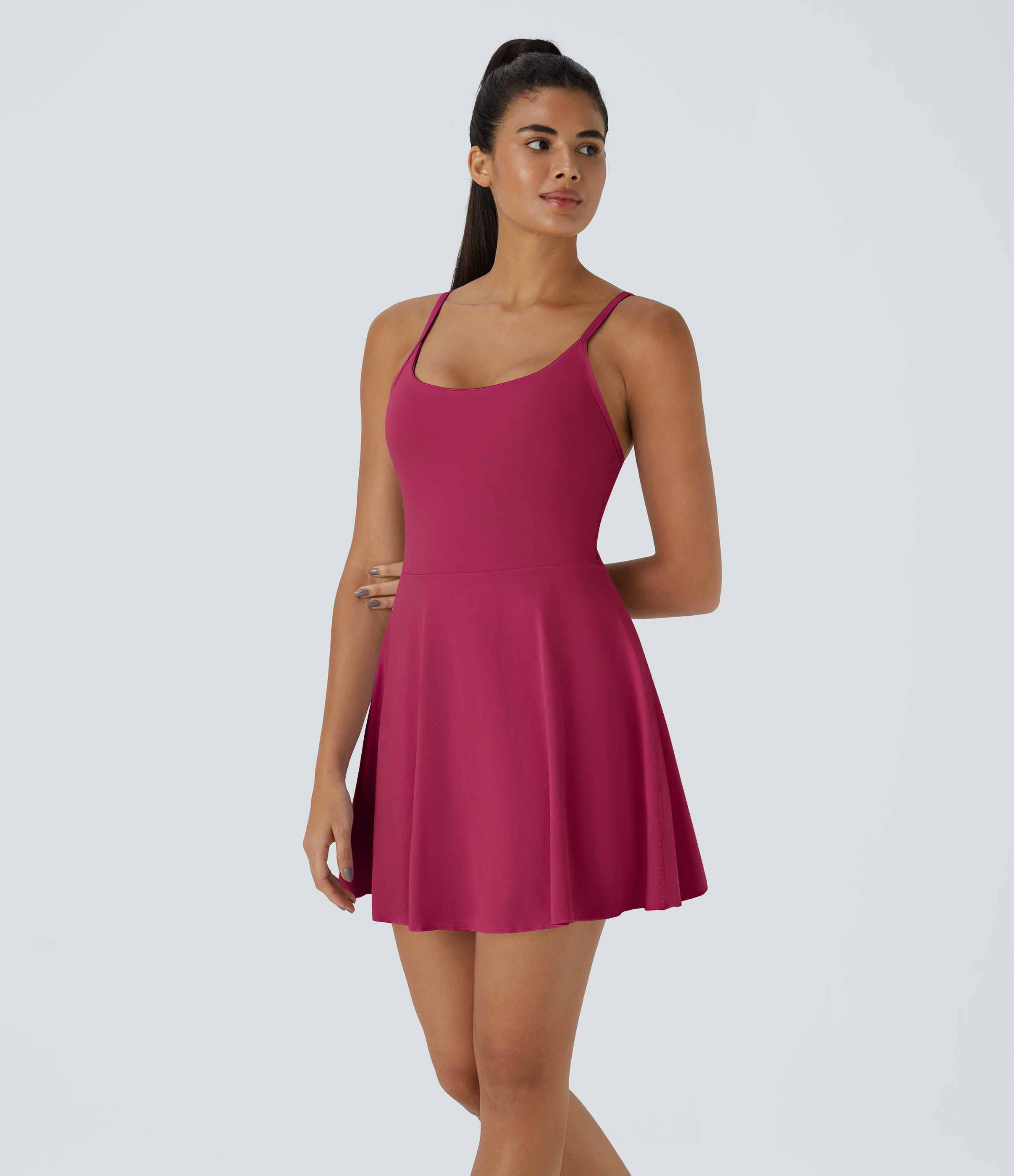 Halara Softlyzeroв„ў Plush Backless Adjustable Strap 2-in-1 Pocket Mini Slip Dance Active Dress Workout Dress - Cherries Jubilee - XL 