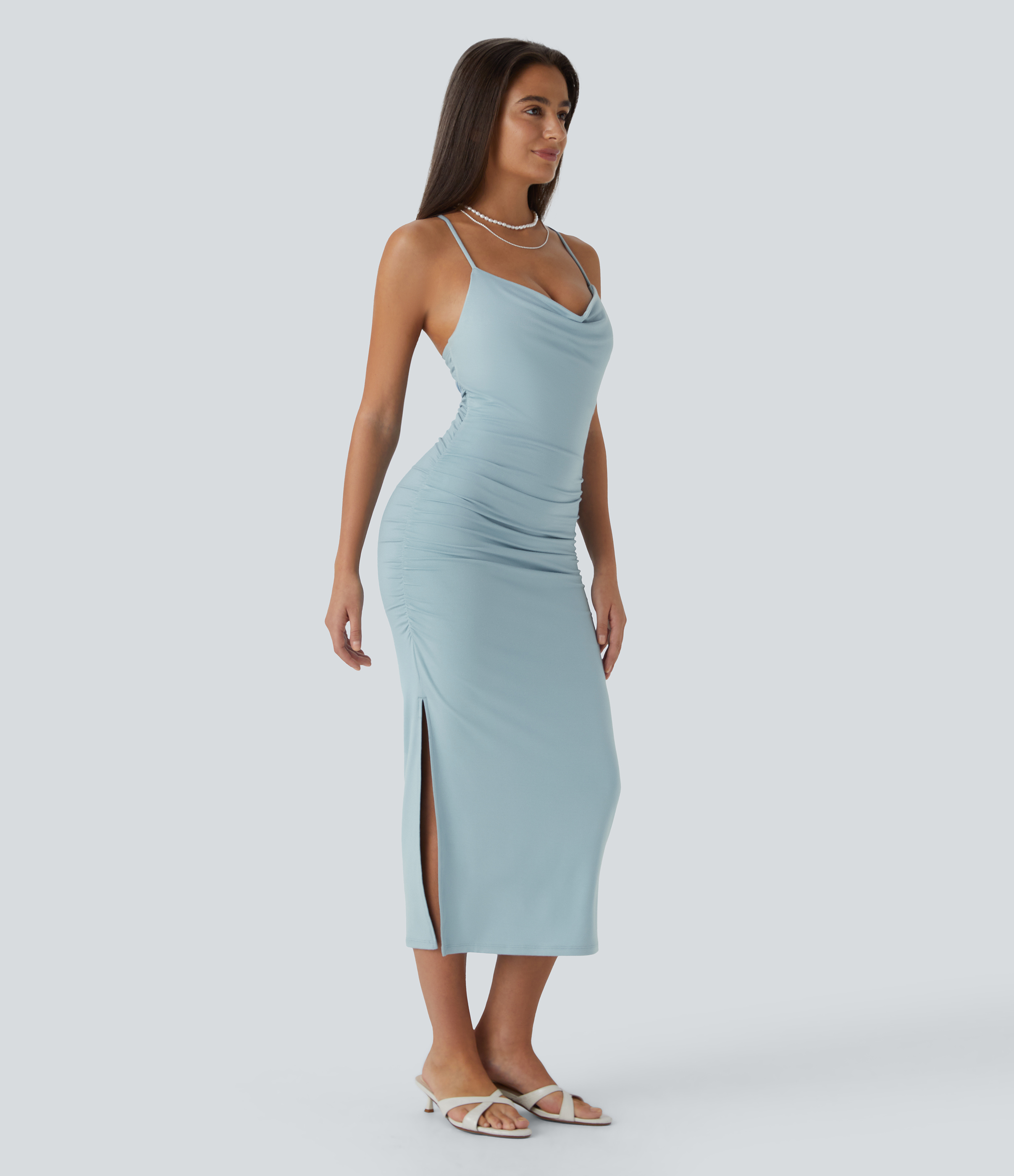 Halara Crisscross Backless Cowl Neck Ruched Split Bodycon Midi Party Built-in Mesh Shapewear Dress Casual Dress - Sterling Blue - S 