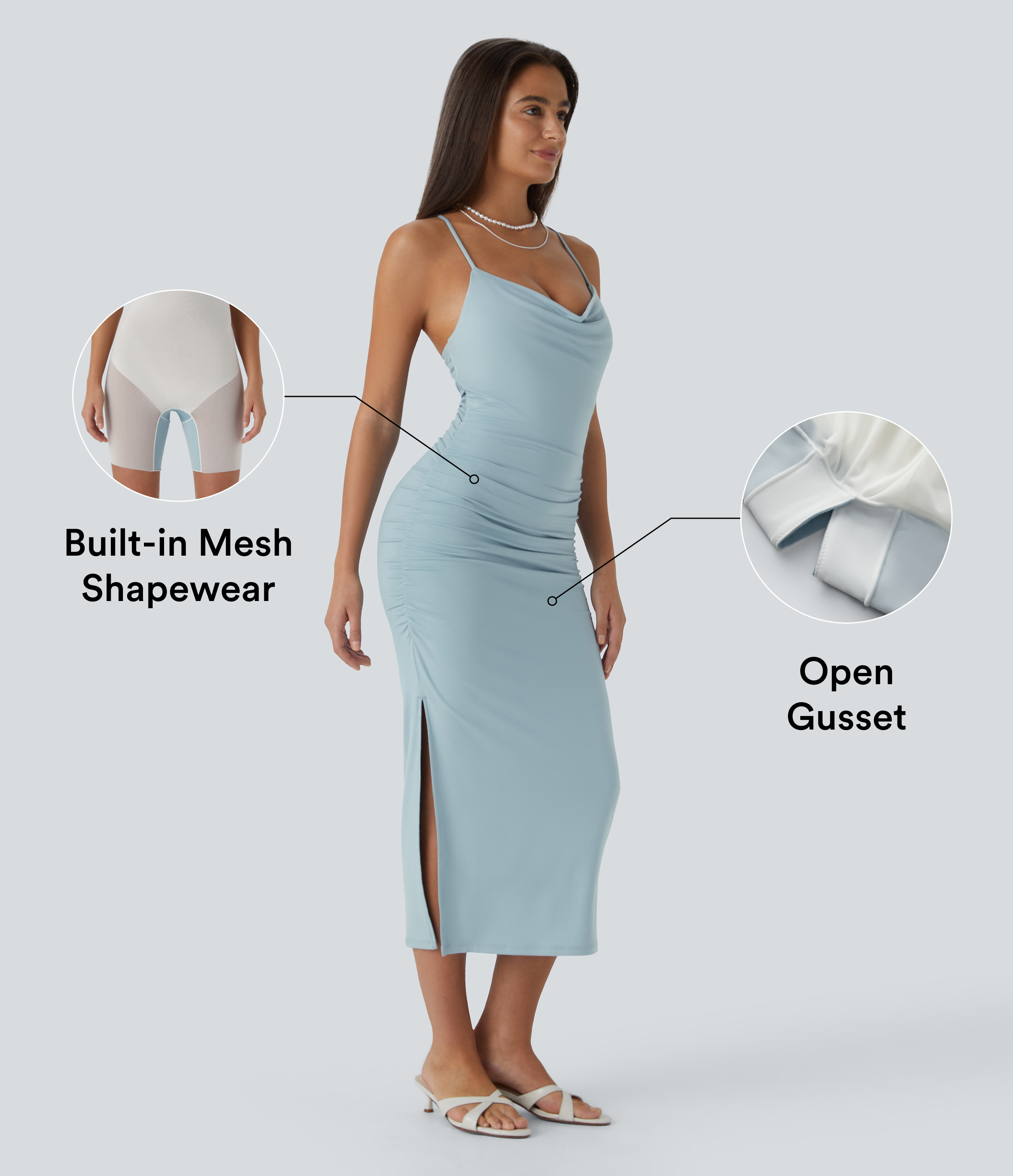 Halara Crisscross Backless Cowl Neck Ruched Split Bodycon Midi Party Built-in Mesh Shapewear Dress Casual Dress - Sterling Blue - S 