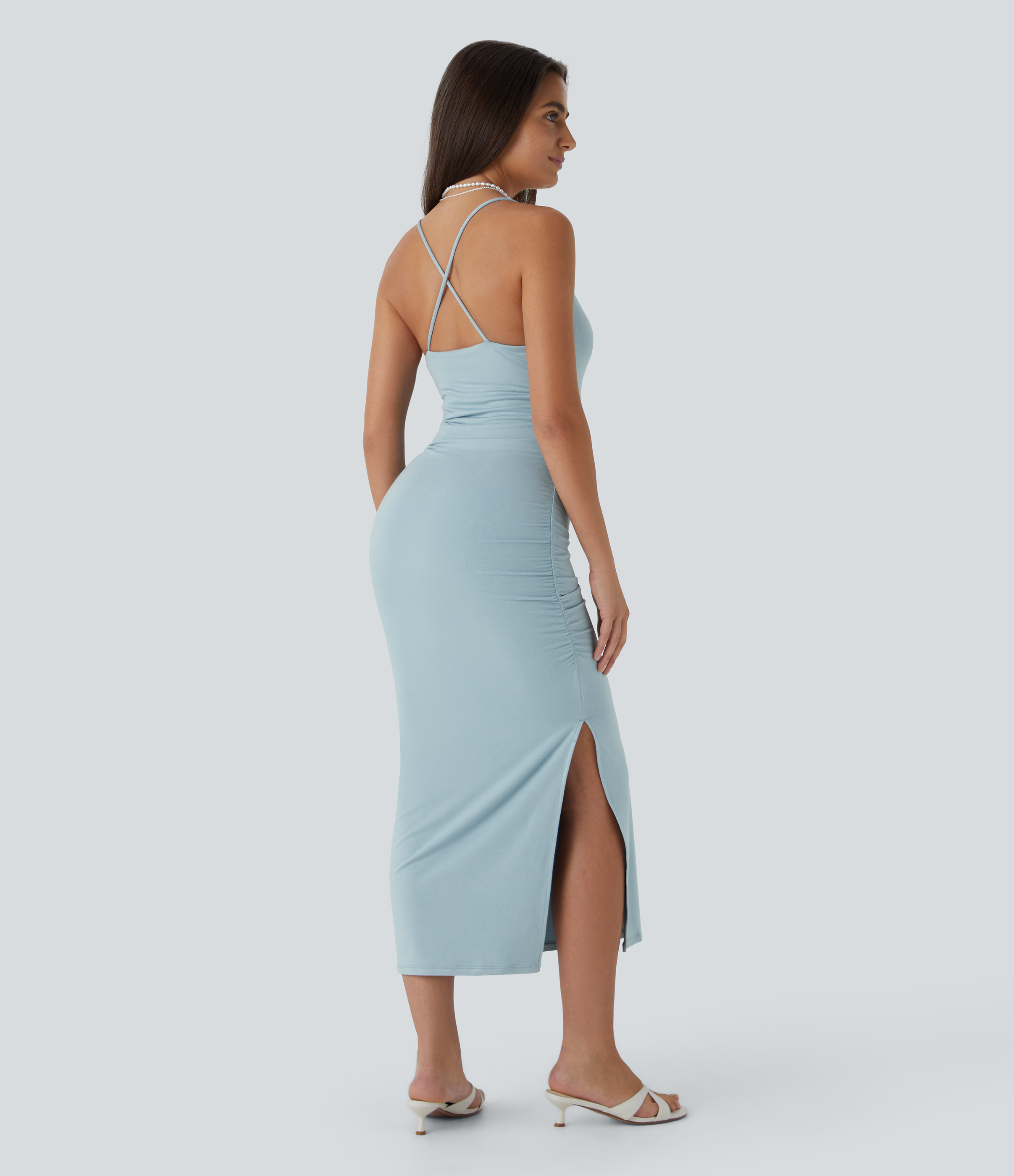 Halara Crisscross Backless Cowl Neck Ruched Split Bodycon Midi Party Built-in Mesh Shapewear Dress Casual Dress - Sterling Blue - S 