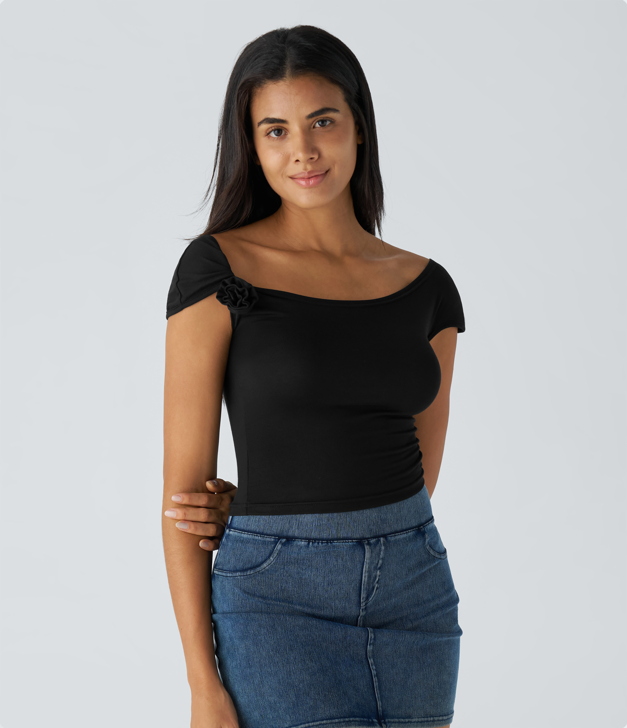 

Halara Ribbed Knit Off Shoulder Rosette Ruched Skinny Casual Top Tank Top - Black -  golf tops halter top tunic tops sleeveless tops