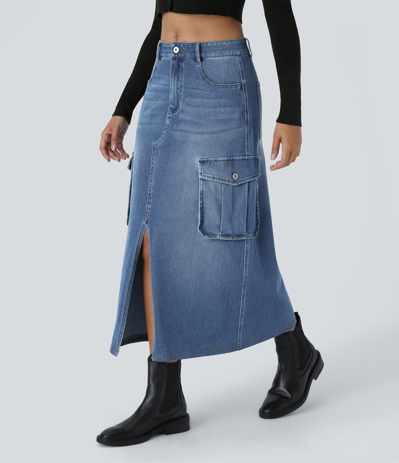 Halara Flex™ Mid-Waist Button Zipper Multiple Pocket Split A-Line Stretch Knit Denim Maxi Casual Cargo Skirt
