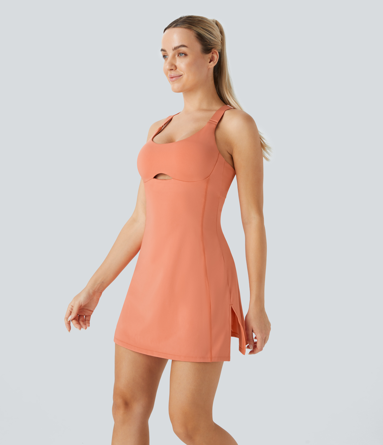 Halara U Neck Adjustable Strap Racerback Cut Out 2-Piece Side Pocket Split Mini Pickleball Active Dress Workout Dress - Shell Coral - XL 