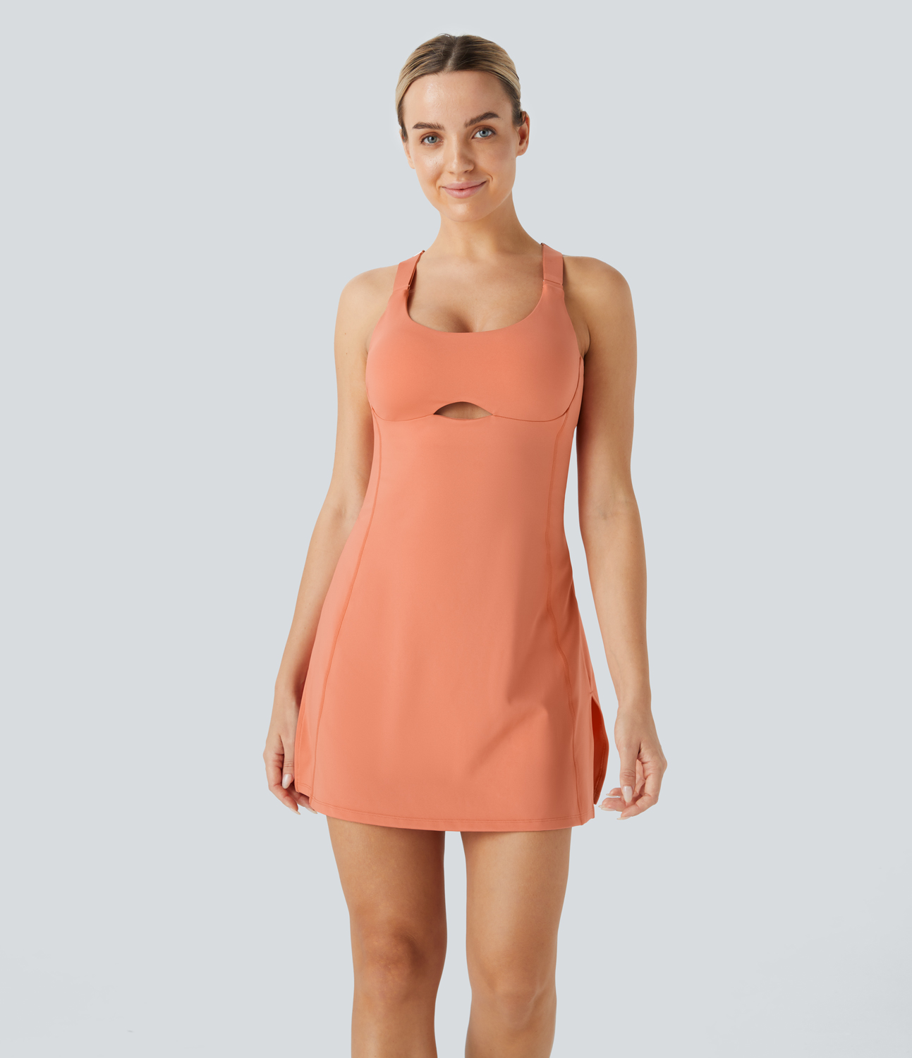 Halara U Neck Adjustable Strap Racerback Cut Out 2-Piece Side Pocket Split Mini Pickleball Active Dress Workout Dress - Shell Coral - XL 