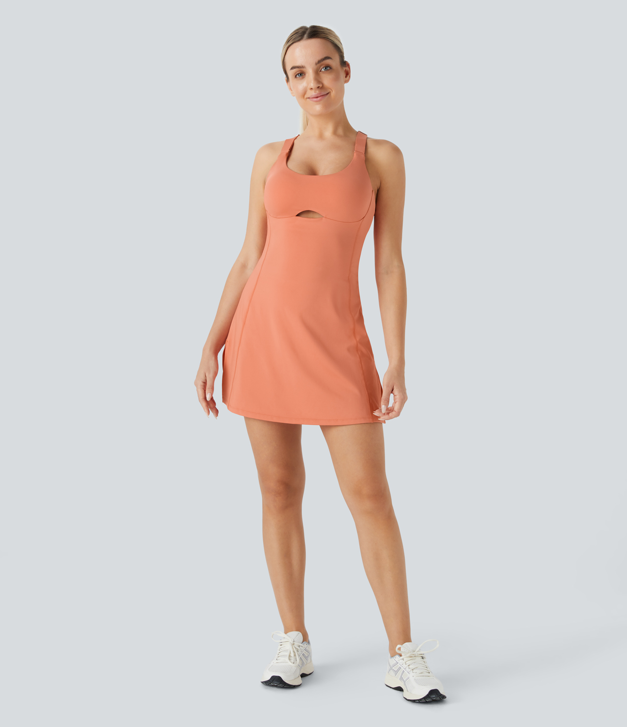 Halara U Neck Adjustable Strap Racerback Cut Out 2-Piece Side Pocket Split Mini Pickleball Active Dress Workout Dress - Shell Coral - XL 