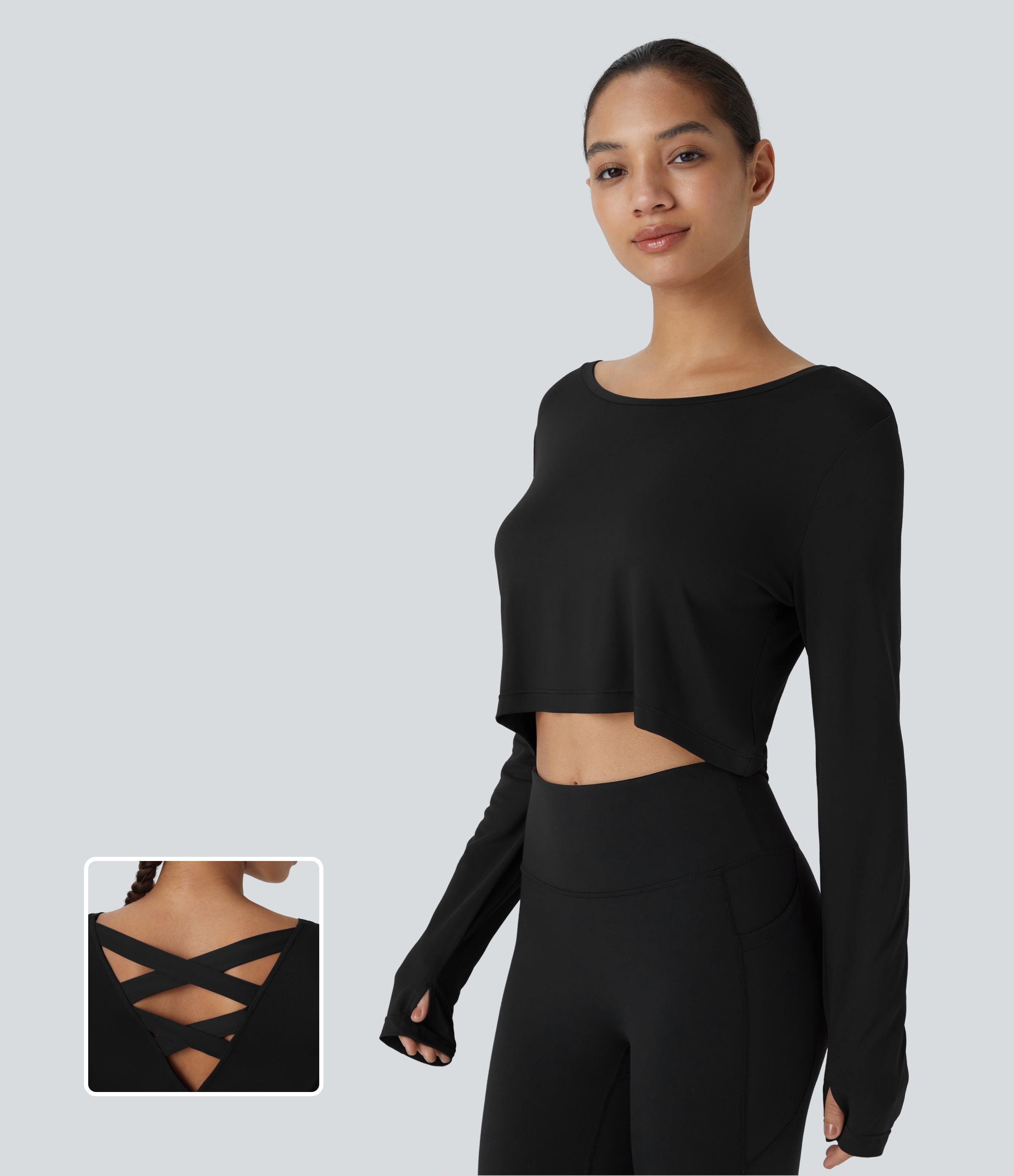 Halara Crisscross Cut Out Thumb Hole Cropped Yoga Sports Top  - Black - XL 