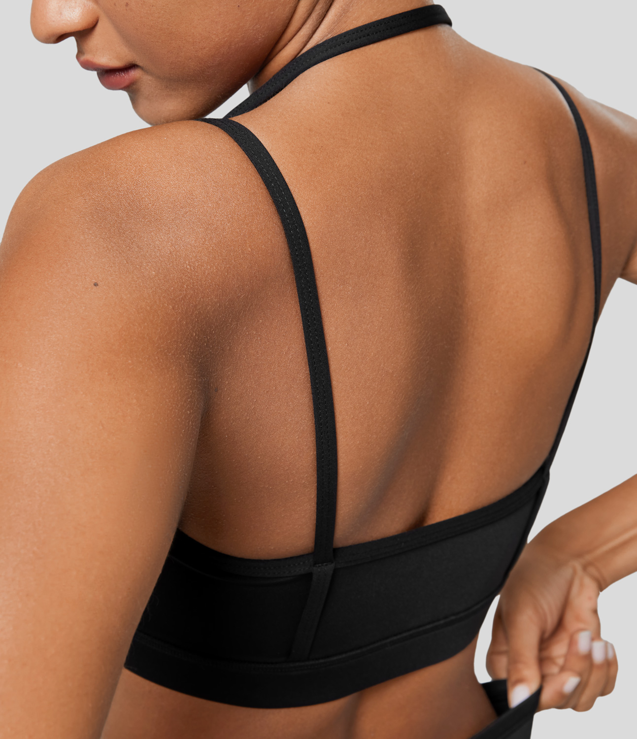 Halara Softlyzeroв„ў Airy Low Support Halter Backless Contrast Mesh Garment Eyelets Cropped Cool Touch Casual Sports Bra  - Black - XL 
