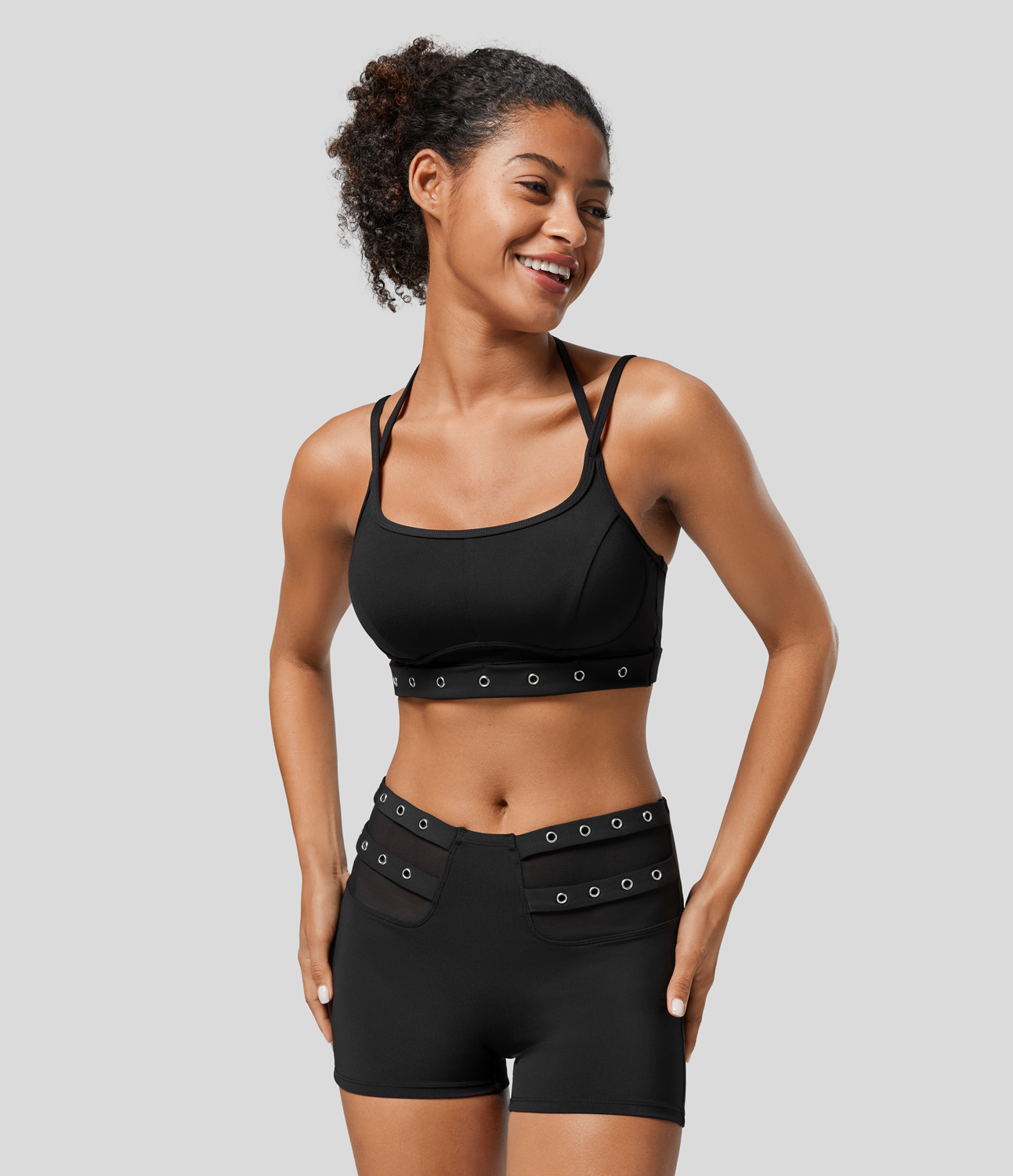Halara Softlyzeroв„ў Airy Low Support Halter Backless Contrast Mesh Garment Eyelets Cropped Cool Touch Casual Sports Bra  - Black - XL 