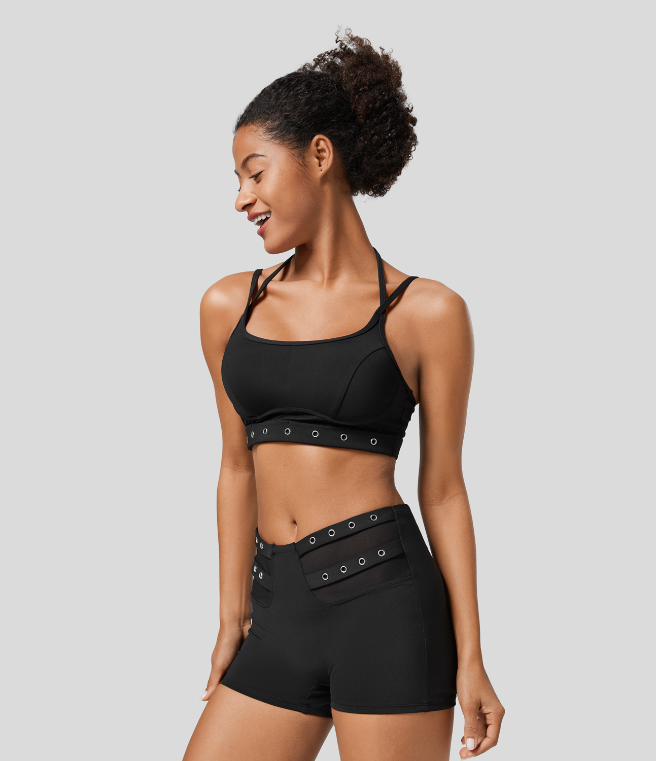 Halara Softlyzeroв„ў Airy Low Support Halter Backless Contrast Mesh Garment Eyelets Cropped Cool Touch Casual Sports Bra  - Black - XL 
