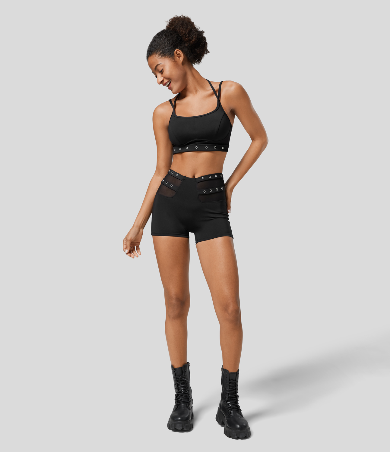 Halara Softlyzeroв„ў Airy Low Support Halter Backless Contrast Mesh Garment Eyelets Cropped Cool Touch Casual Sports Bra  - Black - XL 