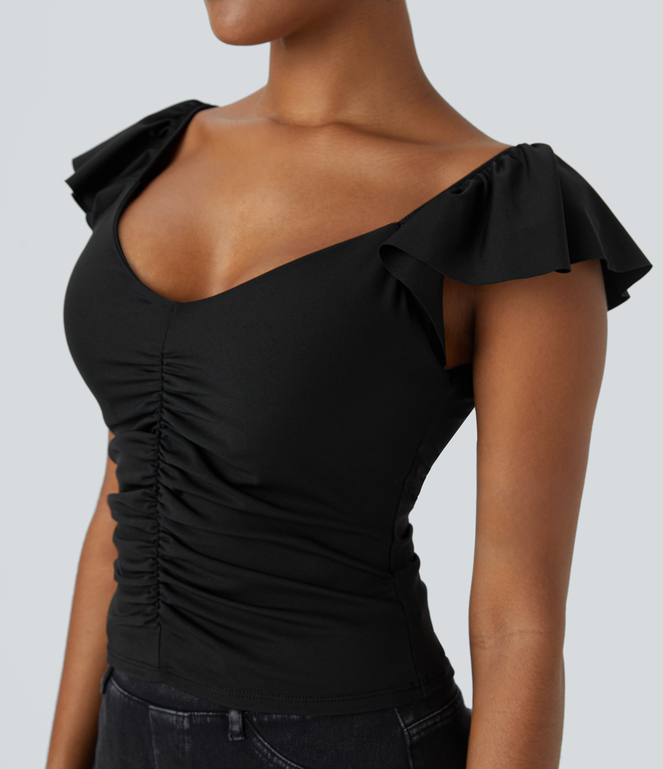 Halara V Neck Ruched Ruffle Short Sleeve Backless Cropped Casual Top Tank Top - Black - S golf tops halter top tunic tops sleeveless tops 