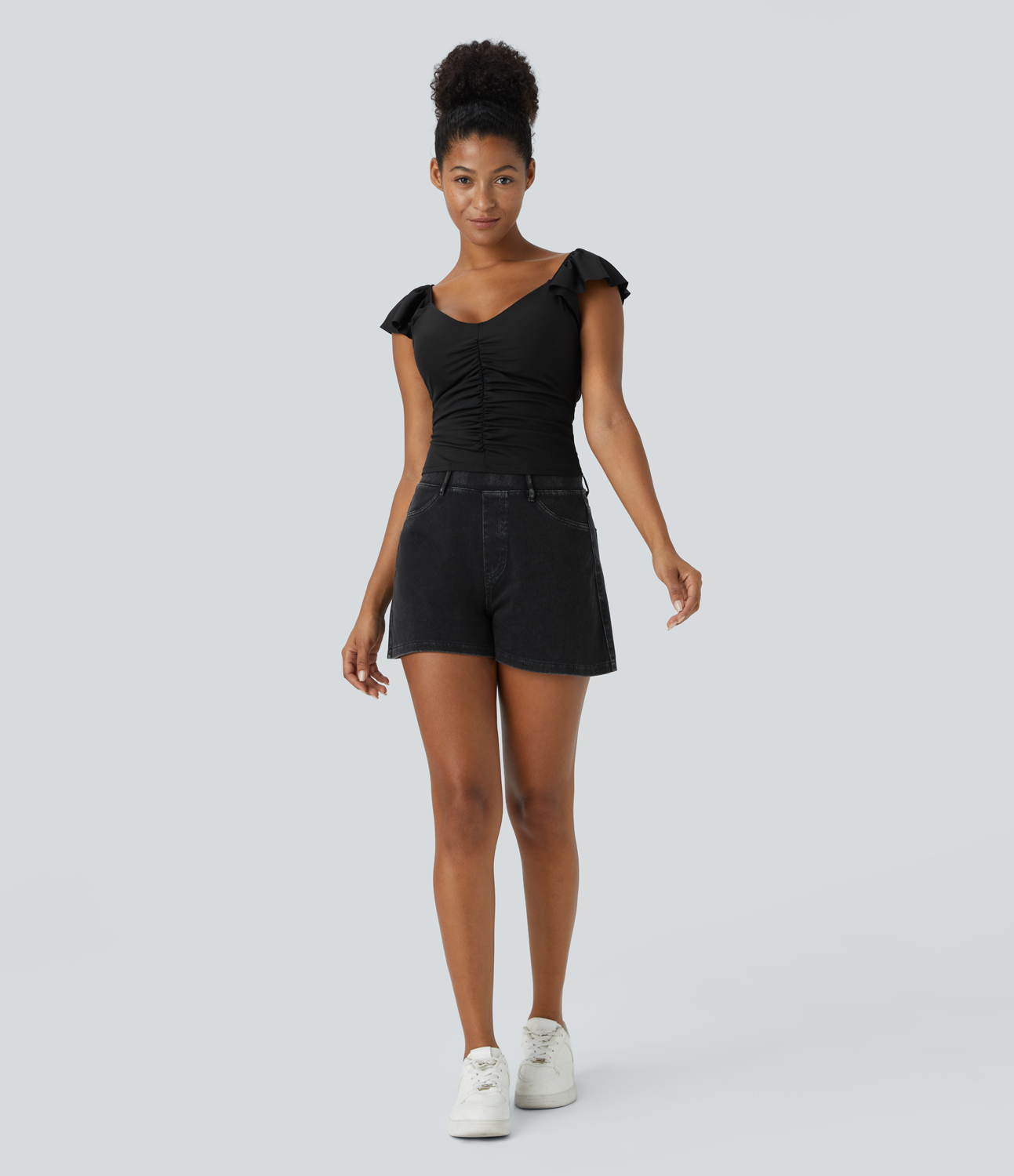 Halara V Neck Ruched Ruffle Short Sleeve Backless Cropped Casual Top Tank Top - Black - S golf tops halter top tunic tops sleeveless tops 