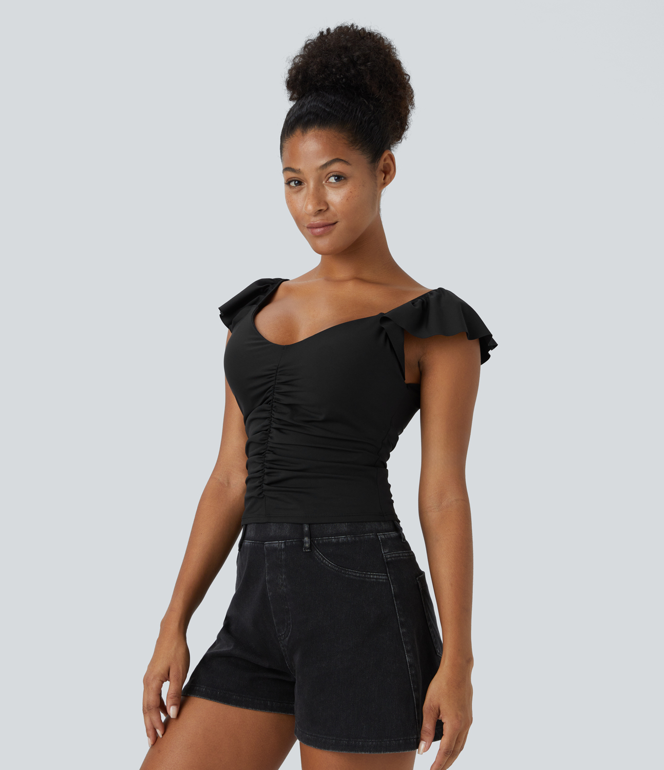 Halara V Neck Ruched Ruffle Short Sleeve Backless Cropped Casual Top Tank Top - Black - S golf tops halter top tunic tops sleeveless tops 