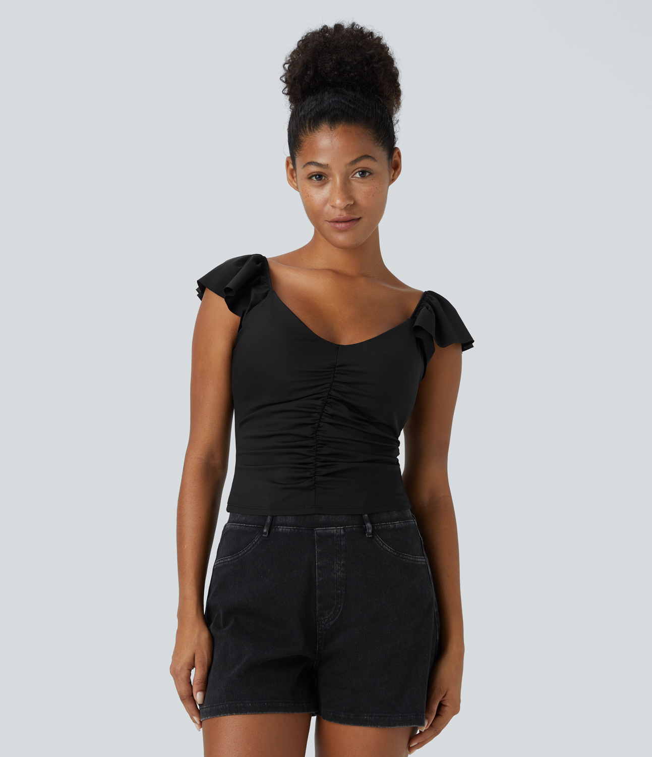 Halara V Neck Ruched Ruffle Short Sleeve Backless Cropped Casual Top Tank Top - Black - S golf tops halter top tunic tops sleeveless tops 