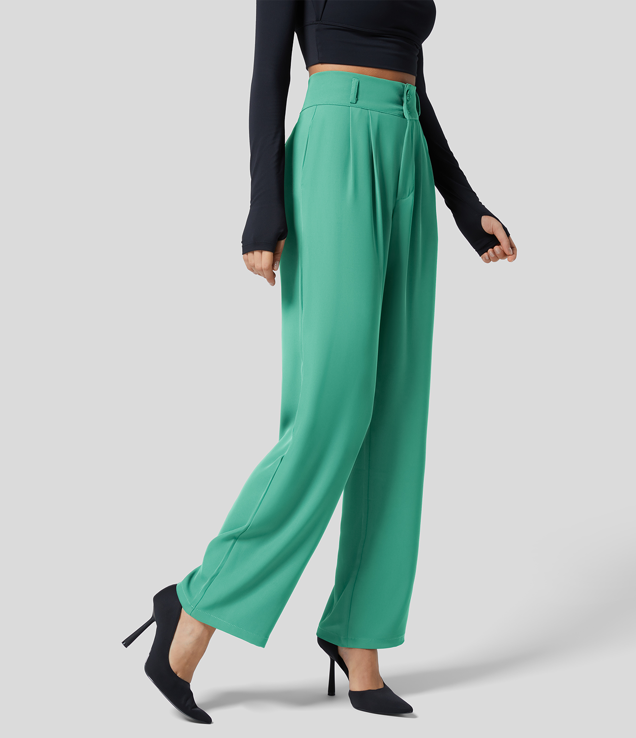 

Halara High Waisted Button Zipper Plicated Side Pocket Shirred Straight Leg Work Pants - Spearmint -  sweatpants jogger pants