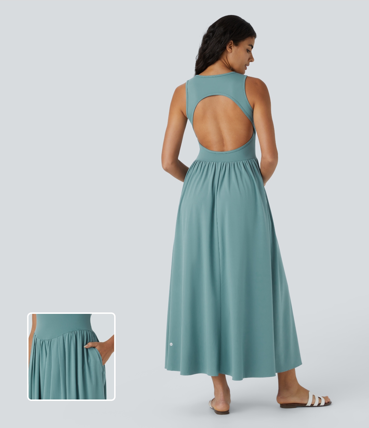 Halara Breezefulв„ў Sleeveless Backless Cut Out Side Pocket Flowy Maxi Quick Dry Casual Dress Casual Dress - Mineral Blue - S slip dress 