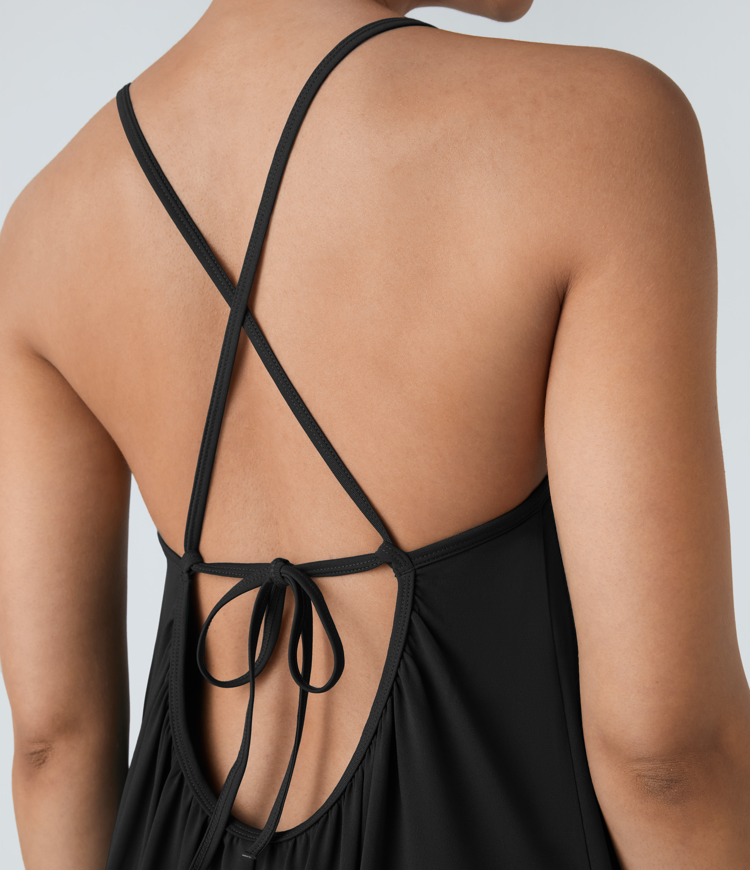 Halara Backless Crisscross Lace Up Plicated Maxi Slip Resort Dress Casual Dress - Black - S slip dress beach dress ruched dress halter dress 