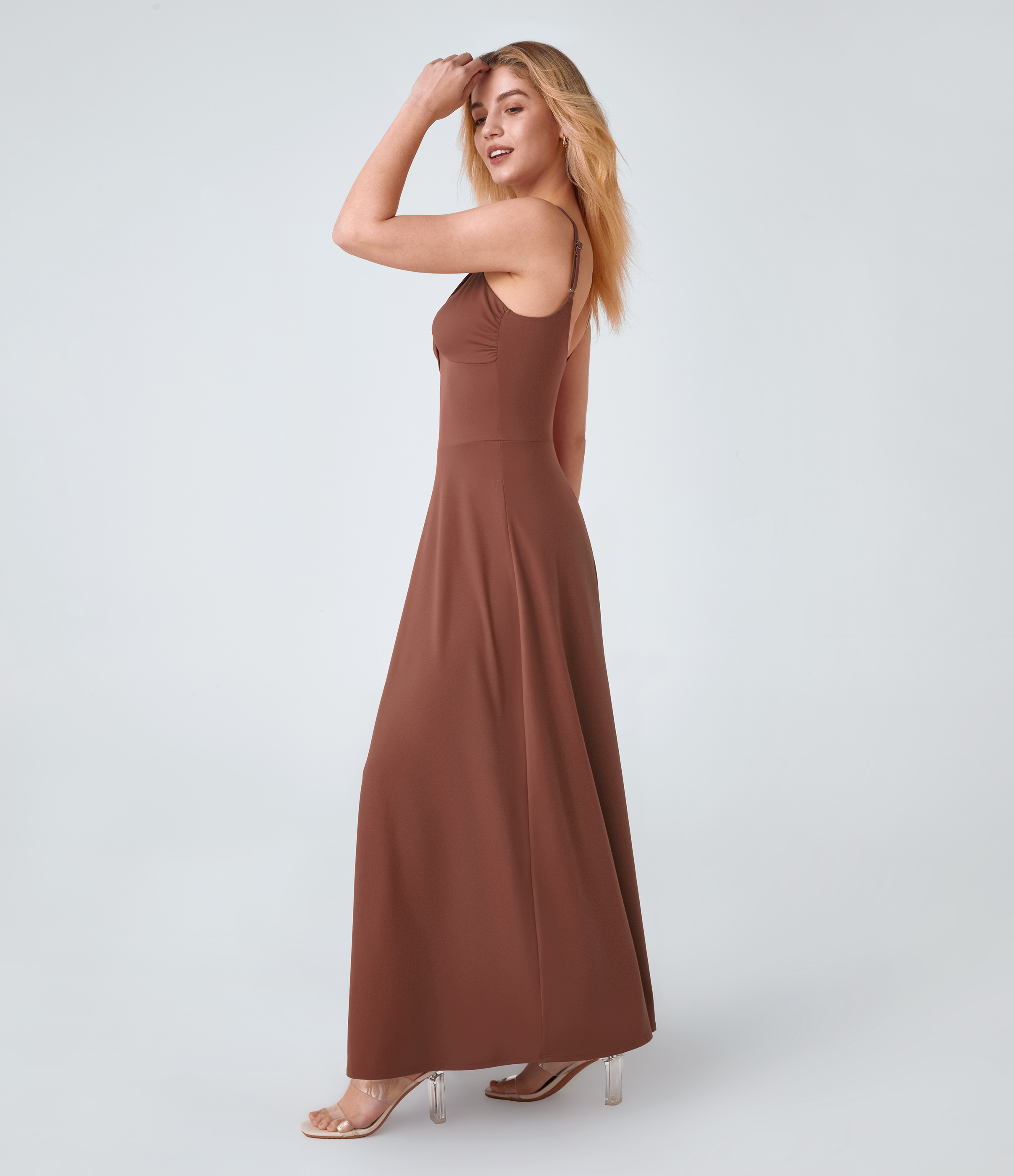 Halara Adjustable Strap U Back Backless Twisted Flare Flowy Maxi Slip Resort Dress Casual Dress - Maple Syrup - S slip dress beach dress 